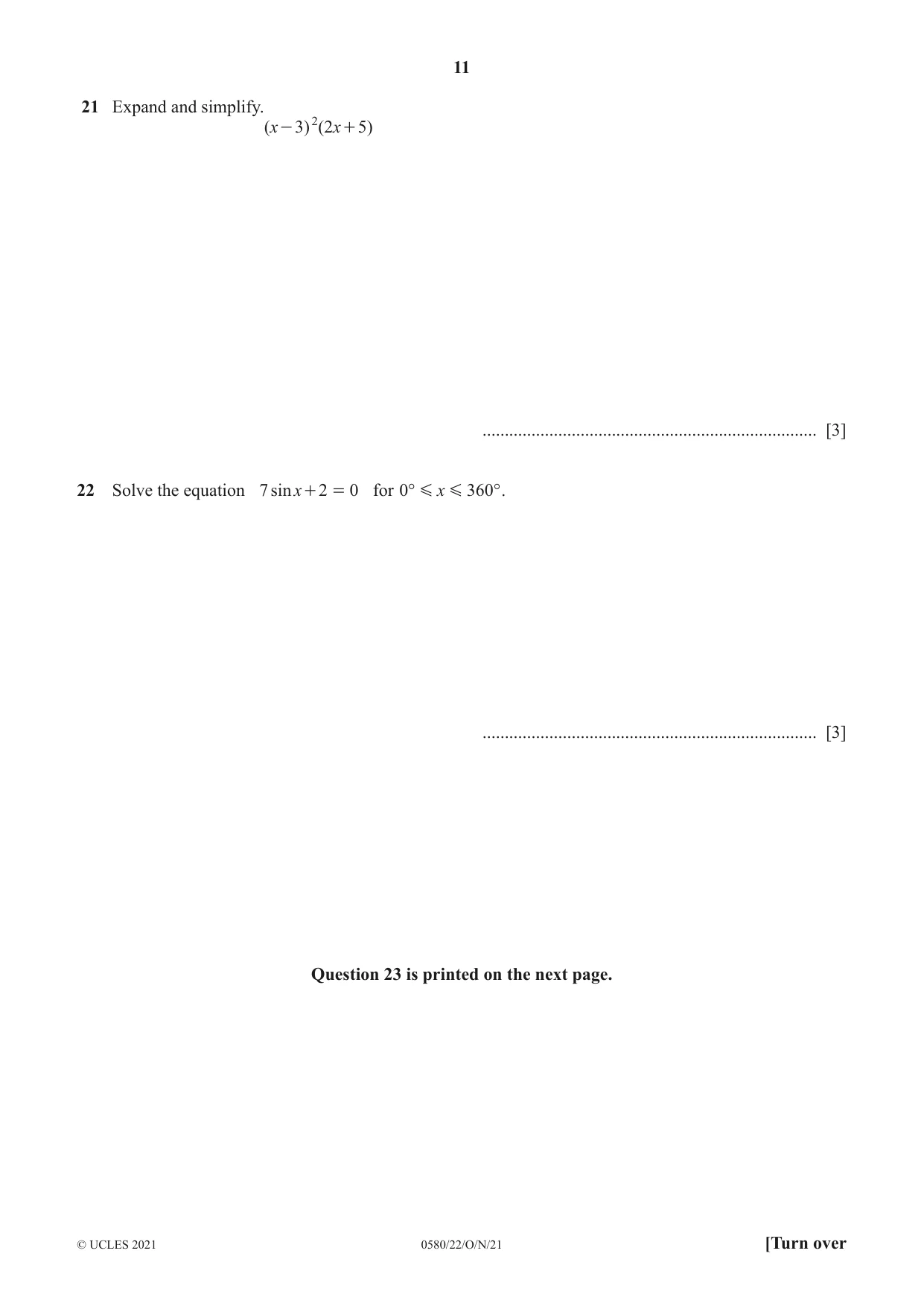 Cambridge IGCSE Mathematics 0580 2021 Oct/Nov Paper 2 · Variant 2 question paper, page 11 of 12