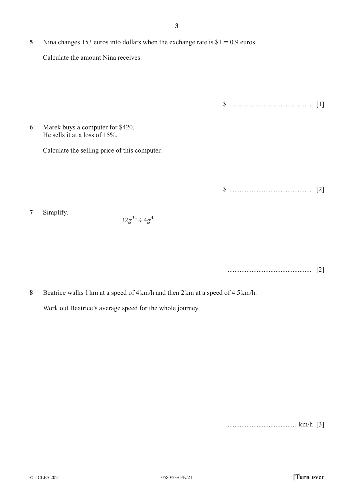 Cambridge IGCSE Mathematics 0580 2021 Oct/Nov Paper 2 · Variant 3 question paper, page 3 of 12