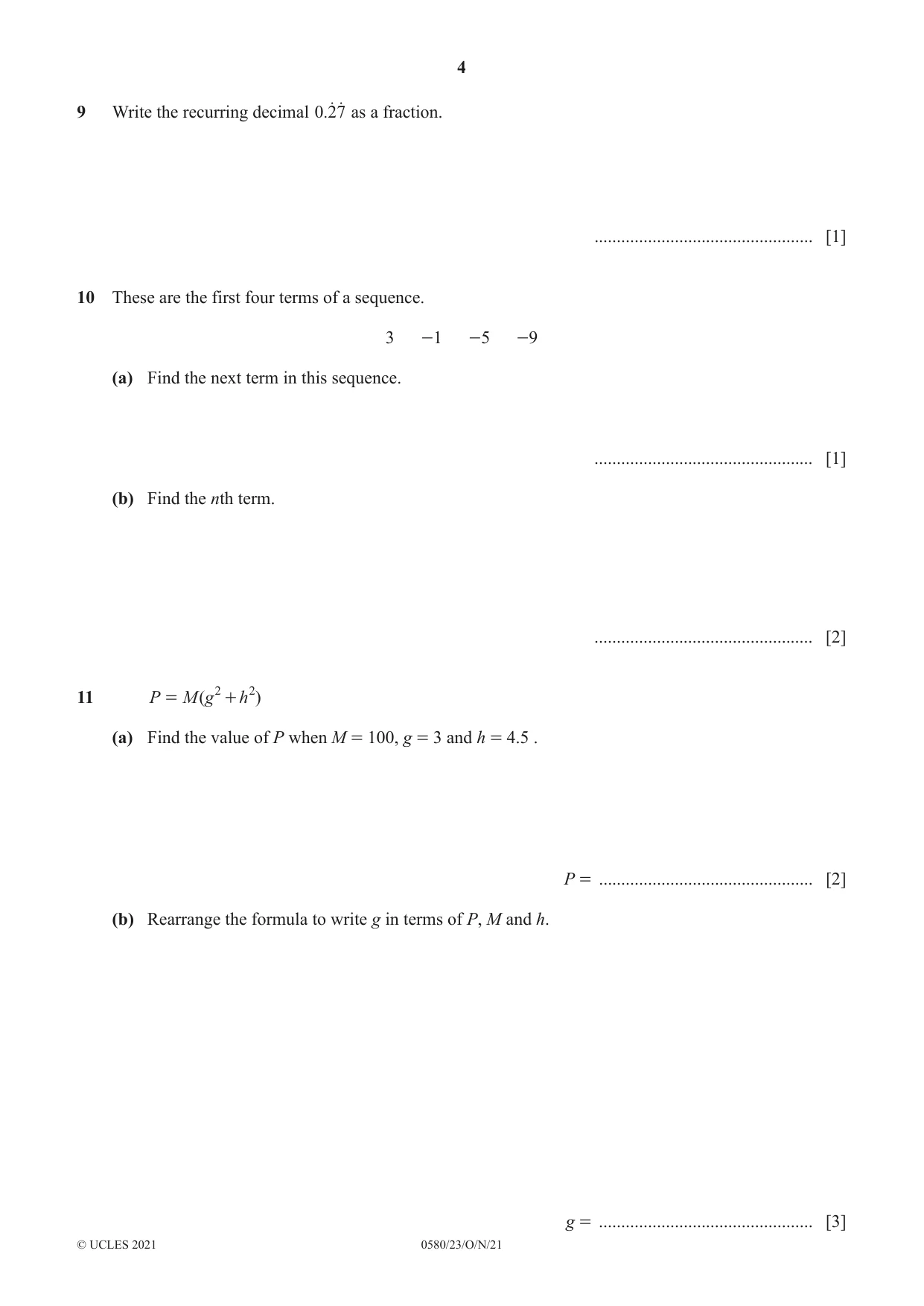 Cambridge IGCSE Mathematics 0580 2021 Oct/Nov Paper 2 · Variant 3 question paper, page 4 of 12