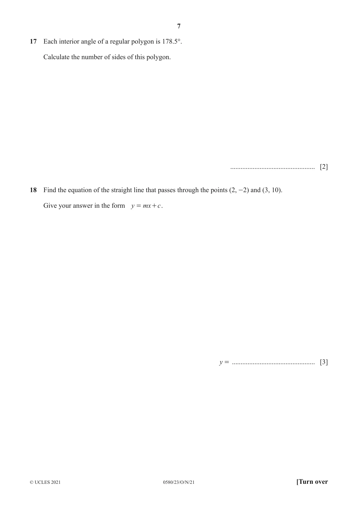 Cambridge IGCSE Mathematics 0580 2021 Oct/Nov Paper 2 · Variant 3 question paper, page 7 of 12