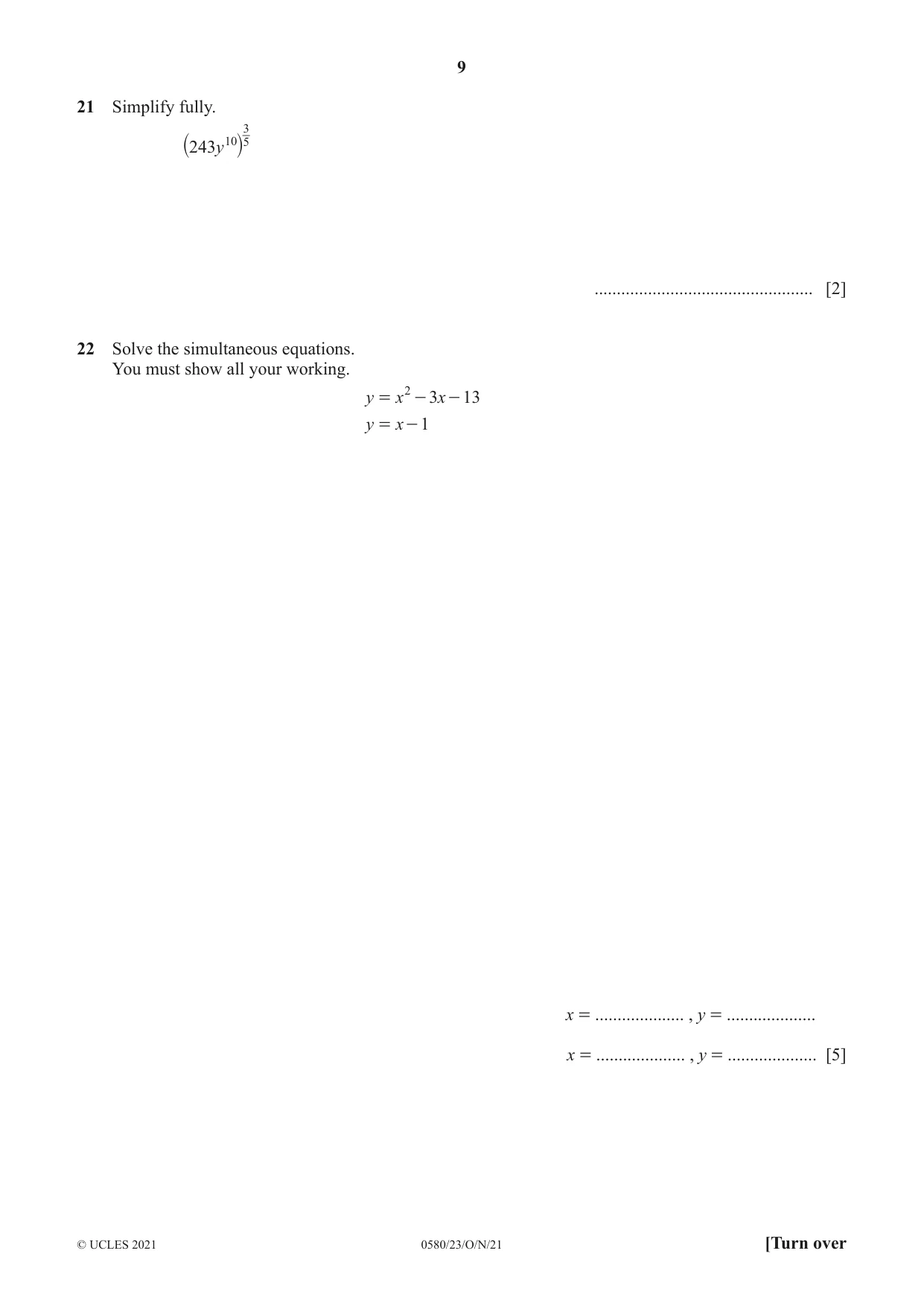 Cambridge IGCSE Mathematics 0580 2021 Oct/Nov Paper 2 · Variant 3 question paper, page 9 of 12