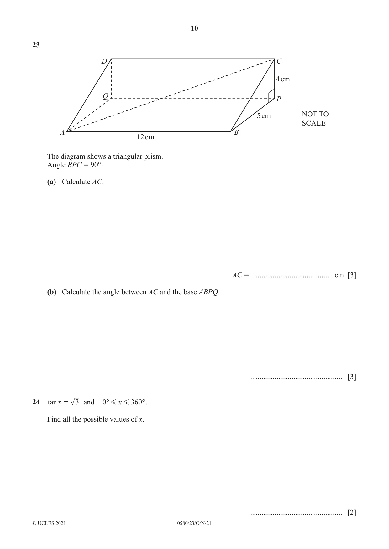 Cambridge IGCSE Mathematics 0580 2021 Oct/Nov Paper 2 · Variant 3 question paper, page 10 of 12