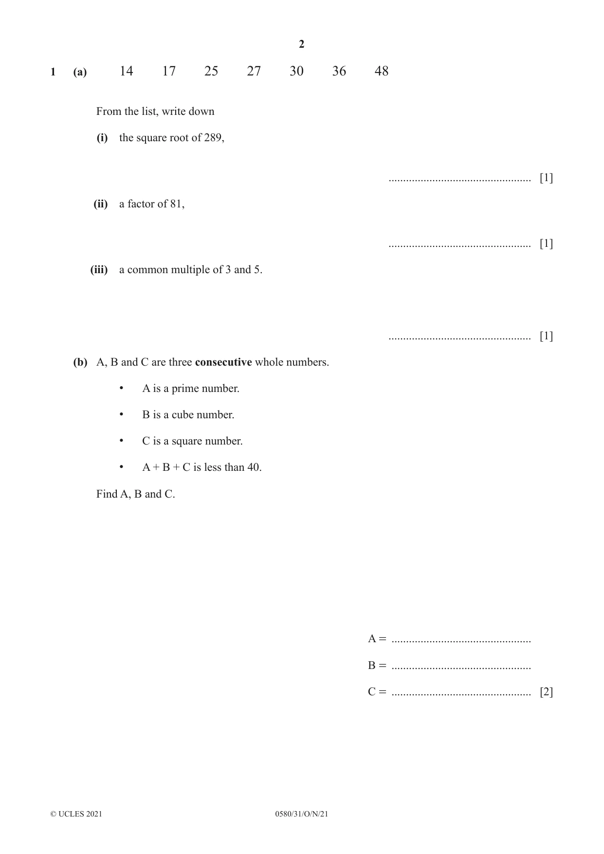 Cambridge IGCSE Mathematics 0580 2021 Oct/Nov Paper 3 · Variant 1 question paper, page 2 of 20