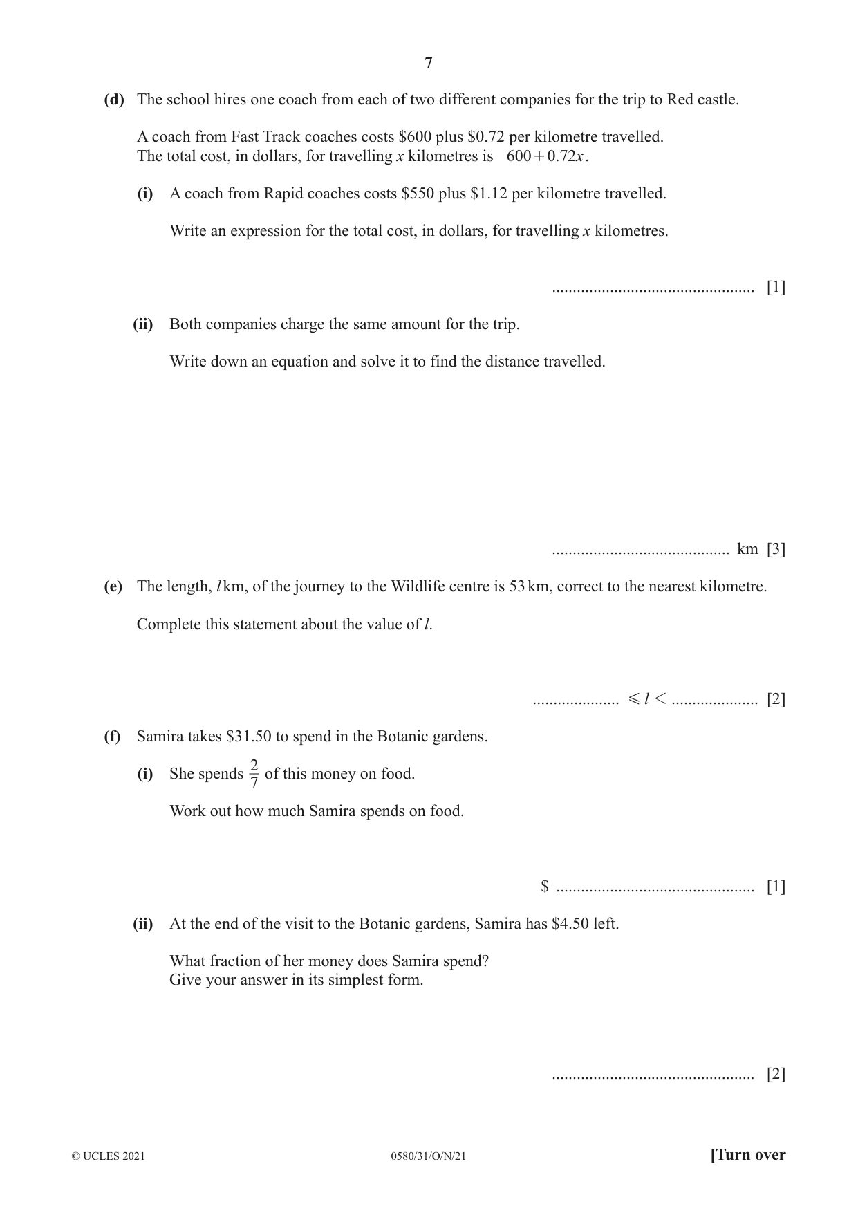 Cambridge IGCSE Mathematics 0580 2021 Oct/Nov Paper 3 · Variant 1 question paper, page 7 of 20
