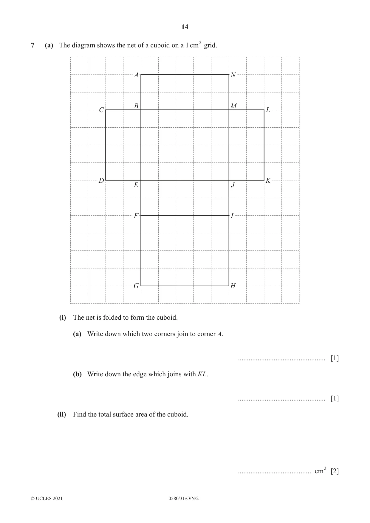 Cambridge IGCSE Mathematics 0580 2021 Oct/Nov Paper 3 · Variant 1 question paper, page 14 of 20