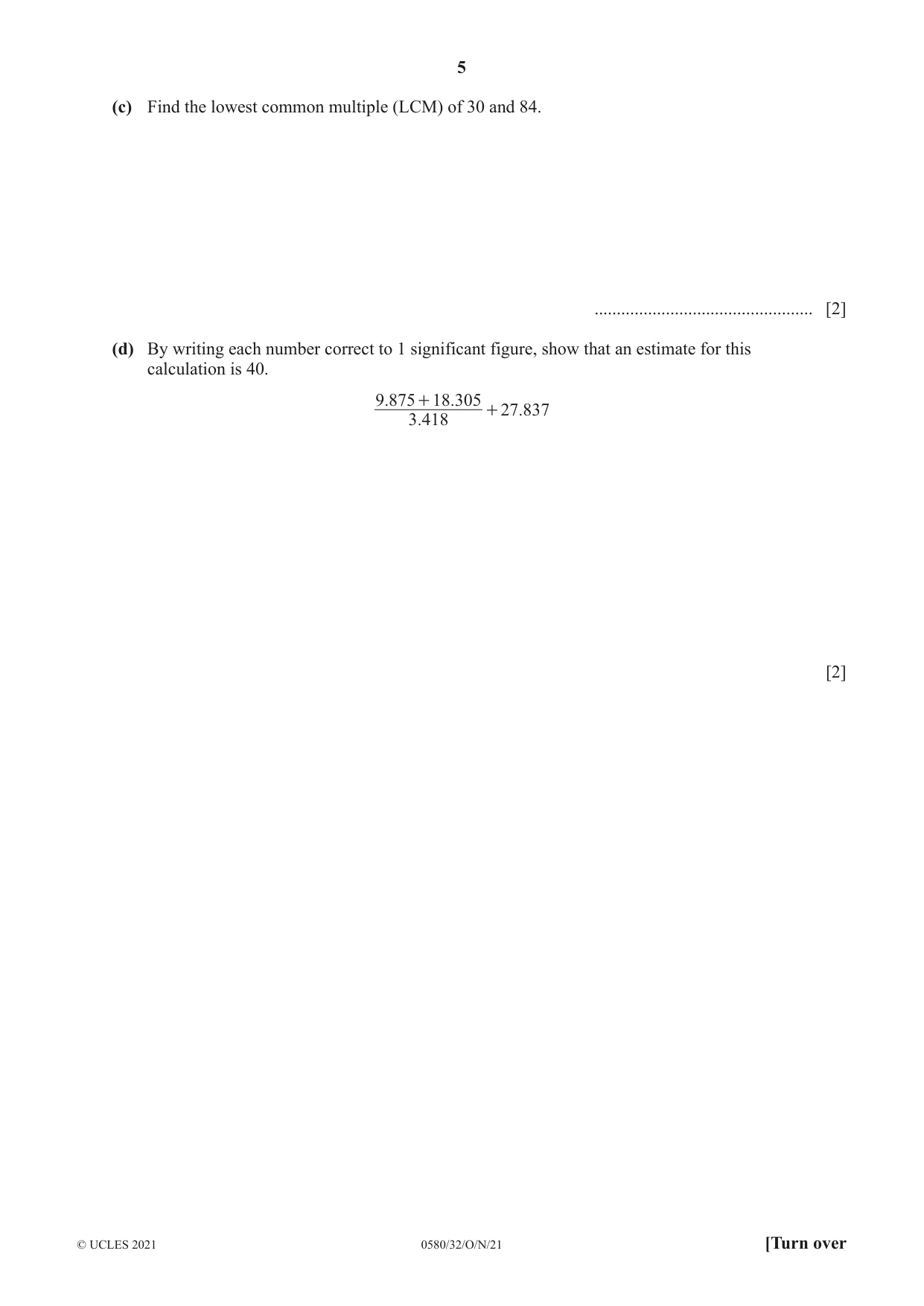 Cambridge IGCSE Mathematics 0580 2021 Oct/Nov Paper 3 · Variant 2 question paper, page 5 of 20