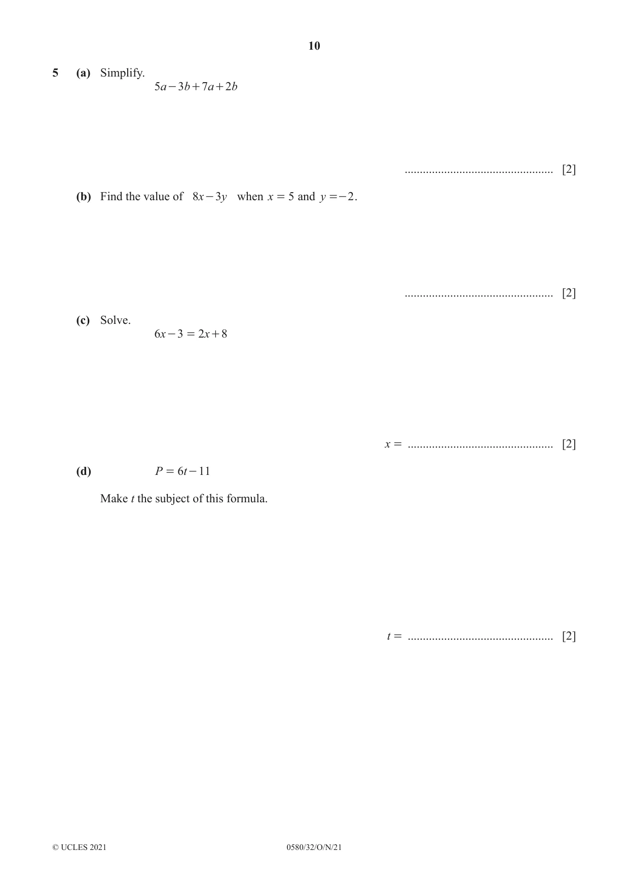 Cambridge IGCSE Mathematics 0580 2021 Oct/Nov Paper 3 · Variant 2 question paper, page 10 of 20