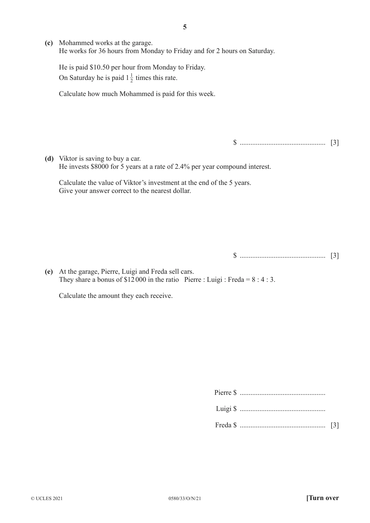 Cambridge IGCSE Mathematics 0580 2021 Oct/Nov Paper 3 · Variant 3 question paper, page 5 of 20