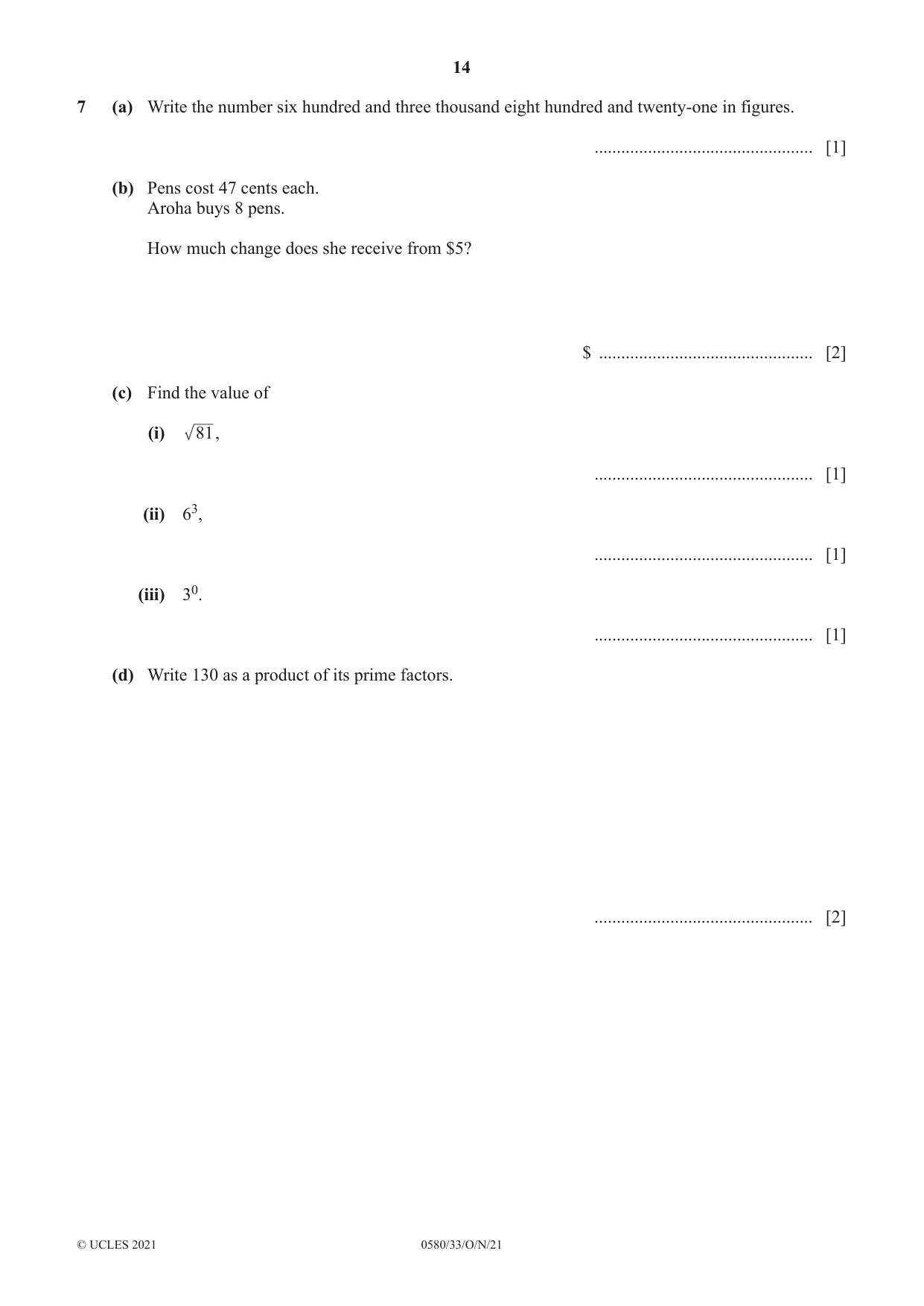 Cambridge IGCSE Mathematics 0580 2021 Oct/Nov Paper 3 · Variant 3 question paper, page 14 of 20