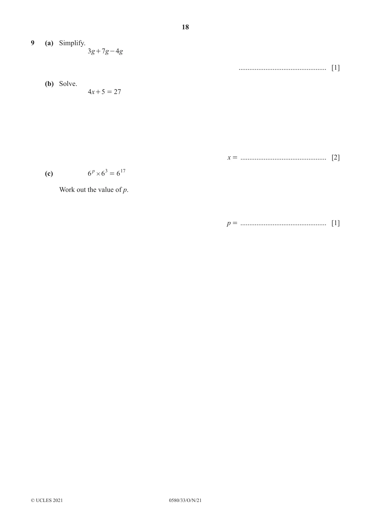 Cambridge IGCSE Mathematics 0580 2021 Oct/Nov Paper 3 · Variant 3 question paper, page 18 of 20