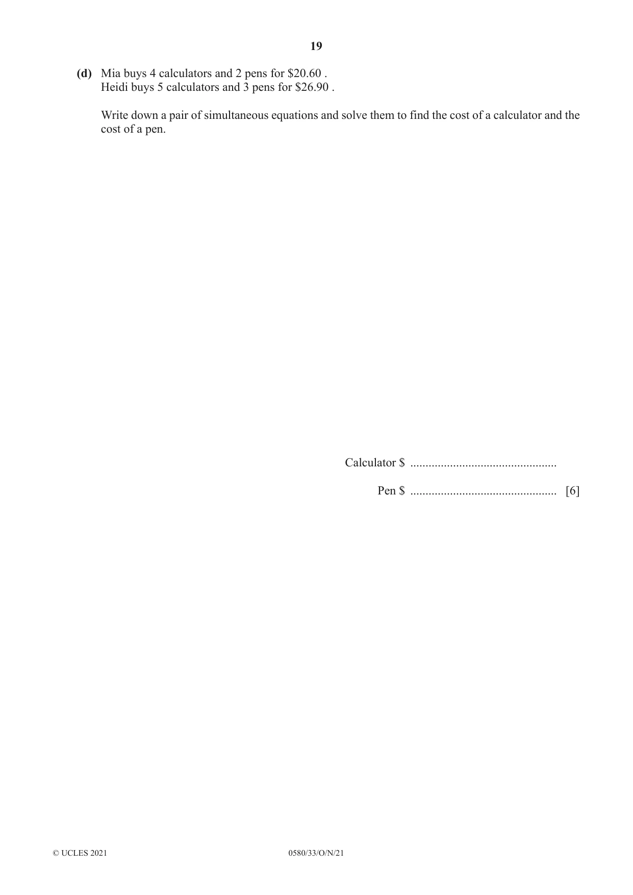 Cambridge IGCSE Mathematics 0580 2021 Oct/Nov Paper 3 · Variant 3 question paper, page 19 of 20