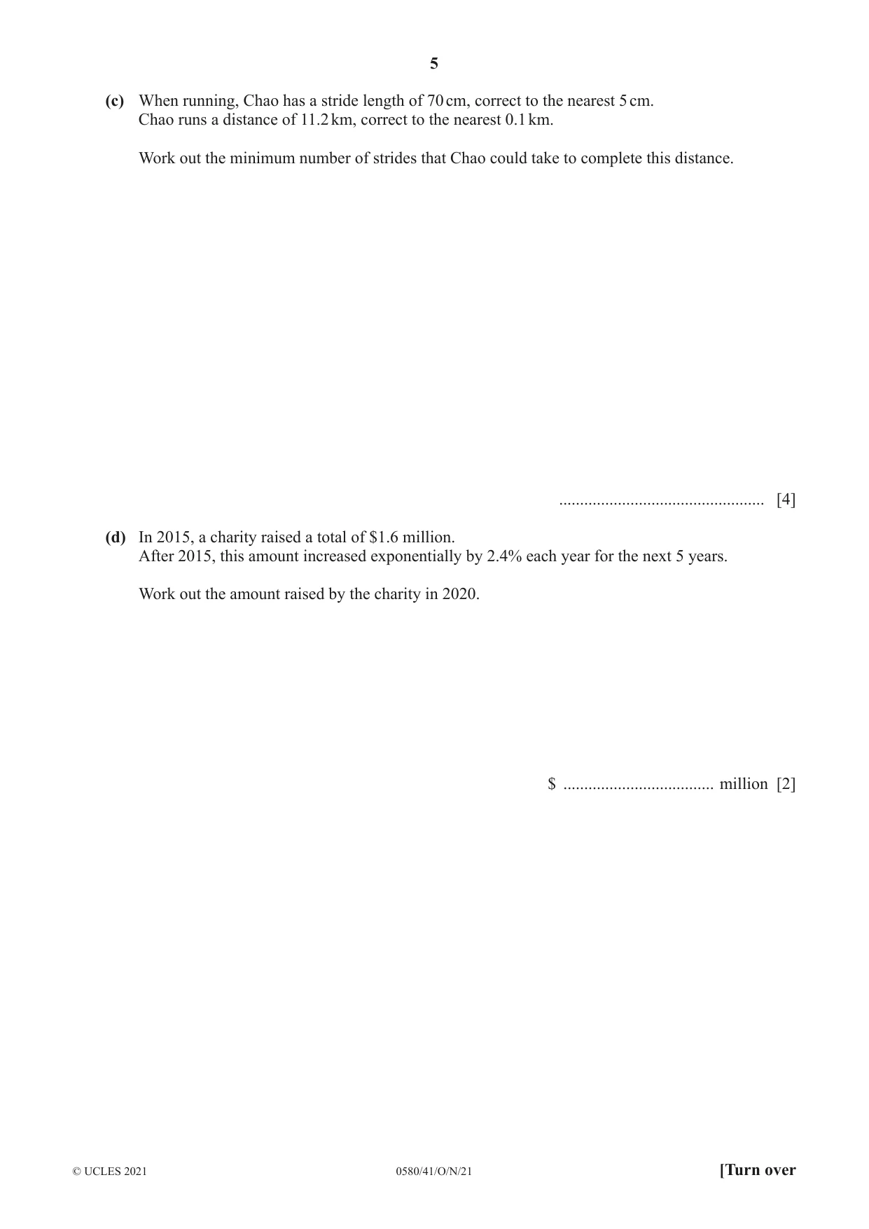 Cambridge IGCSE Mathematics 0580 2021 Oct/Nov Paper 4 · Variant 1 question paper, page 5 of 20