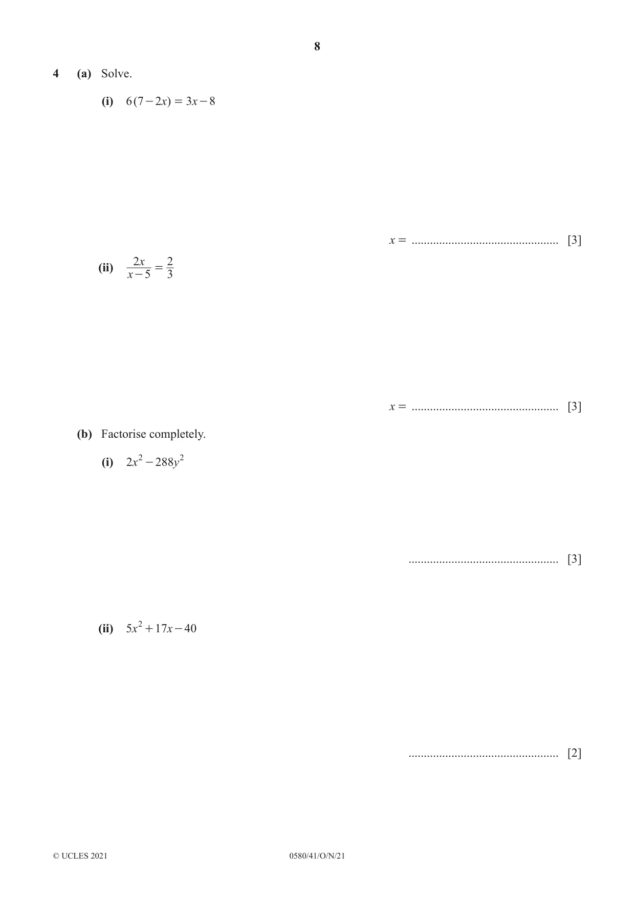 Cambridge IGCSE Mathematics 0580 2021 Oct/Nov Paper 4 · Variant 1 question paper, page 8 of 20