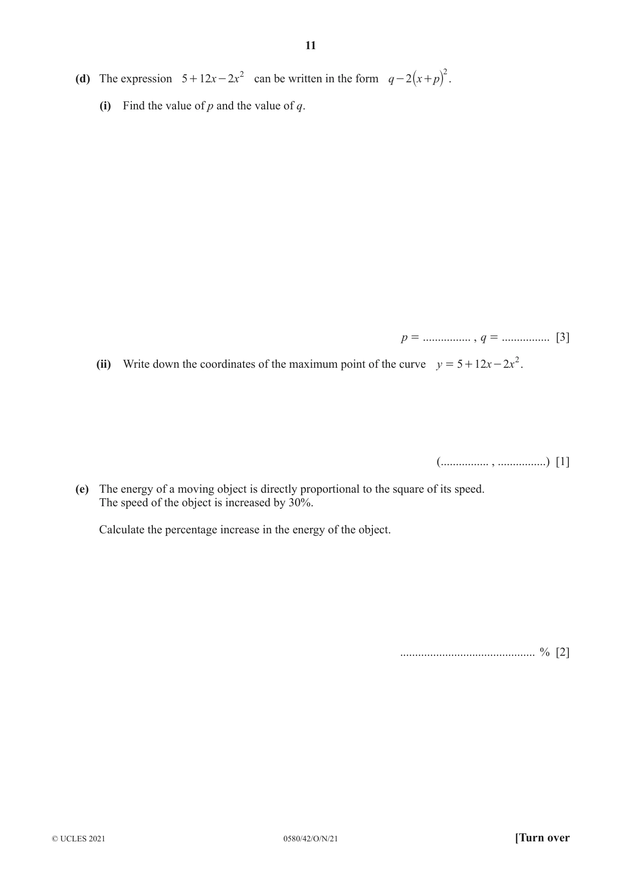 Cambridge IGCSE Mathematics 0580 2021 Oct/Nov Paper 4 · Variant 2 question paper, page 11 of 20