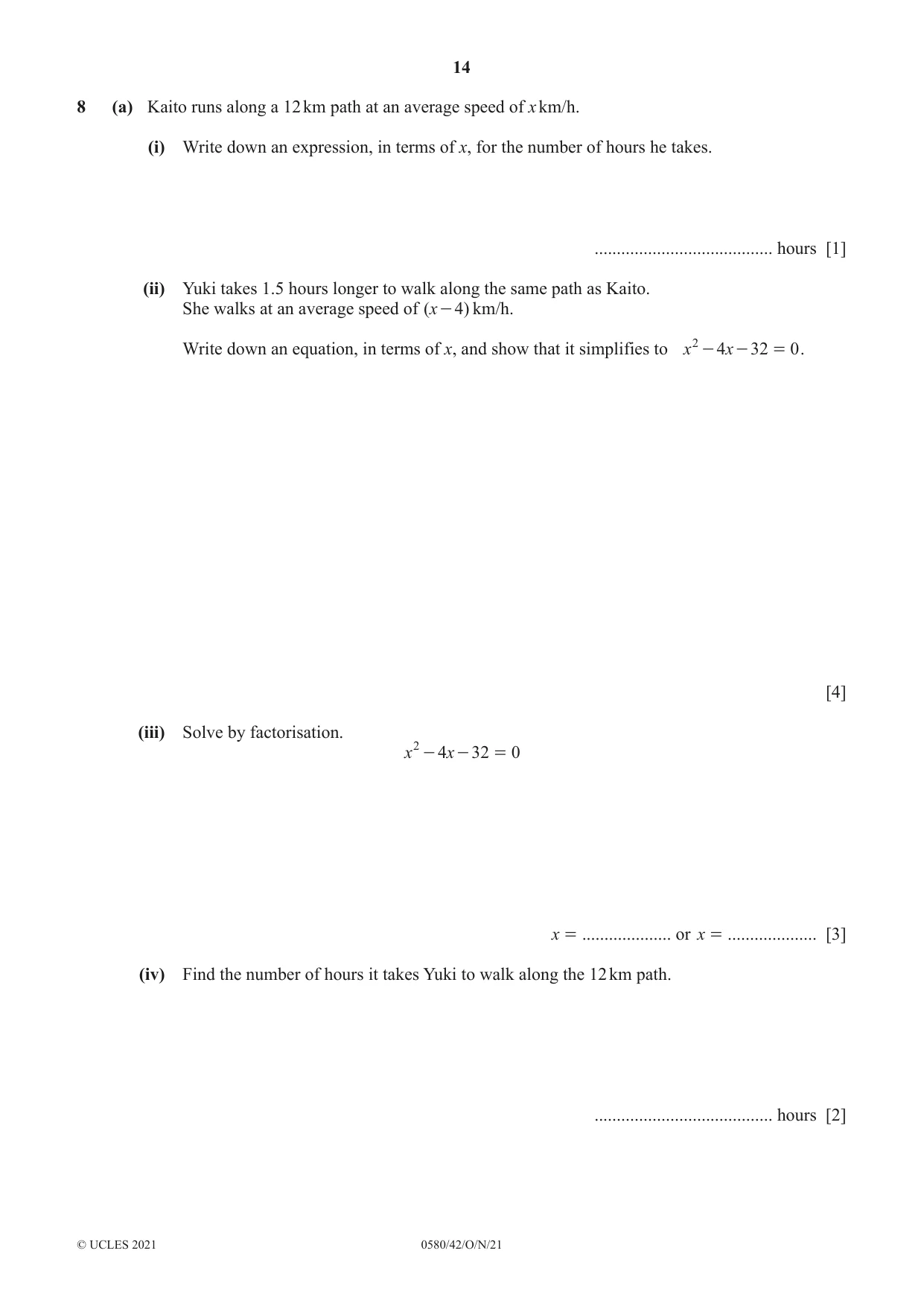Cambridge IGCSE Mathematics 0580 2021 Oct/Nov Paper 4 · Variant 2 question paper, page 14 of 20