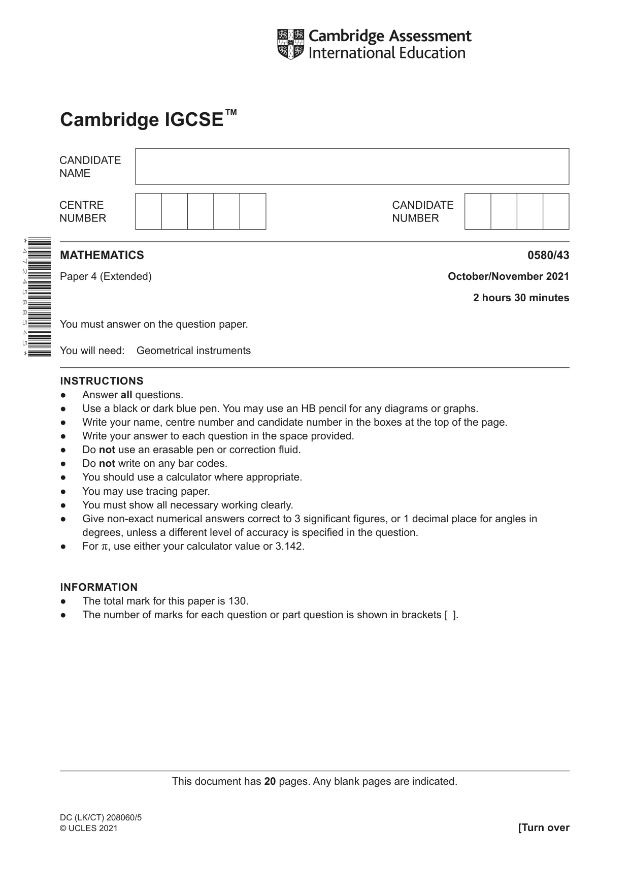 Cambridge IGCSE Mathematics 0580 2021 Oct/Nov Paper 4 · Variant 3 question paper, page 1 of 20