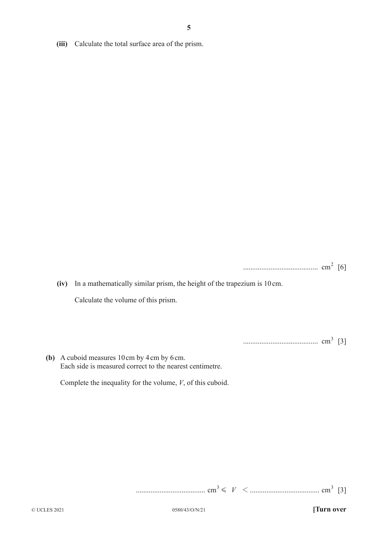 Cambridge IGCSE Mathematics 0580 2021 Oct/Nov Paper 4 · Variant 3 question paper, page 5 of 20