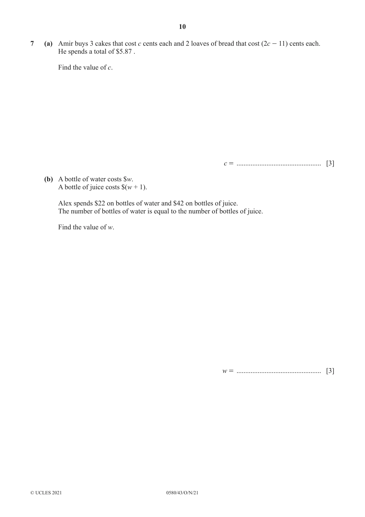 Cambridge IGCSE Mathematics 0580 2021 Oct/Nov Paper 4 · Variant 3 question paper, page 10 of 20
