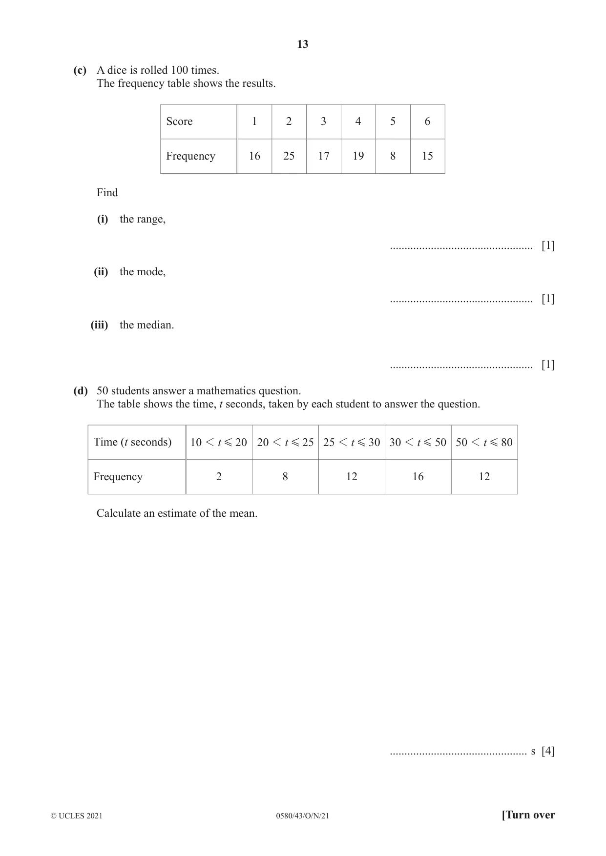 Cambridge IGCSE Mathematics 0580 2021 Oct/Nov Paper 4 · Variant 3 question paper, page 13 of 20