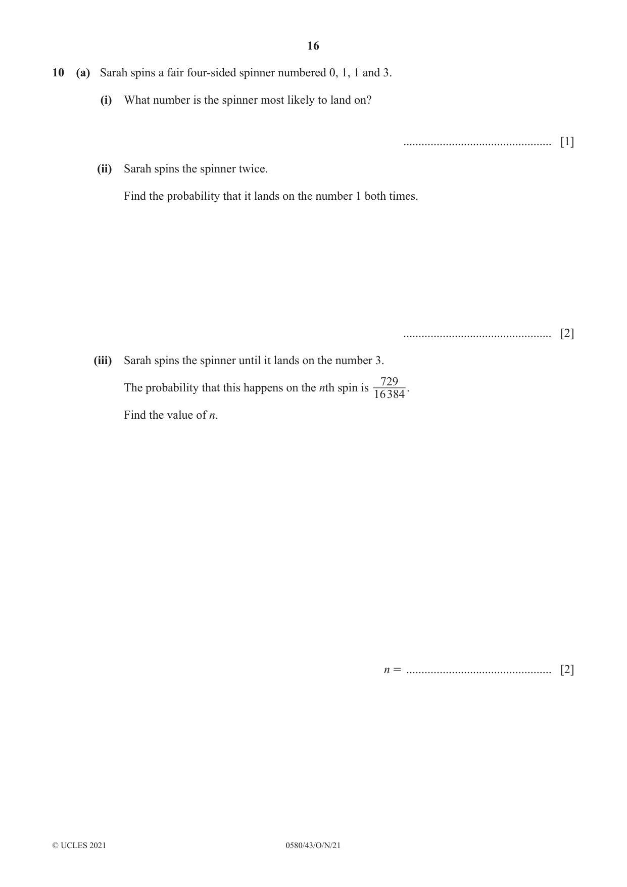Cambridge IGCSE Mathematics 0580 2021 Oct/Nov Paper 4 · Variant 3 question paper, page 16 of 20
