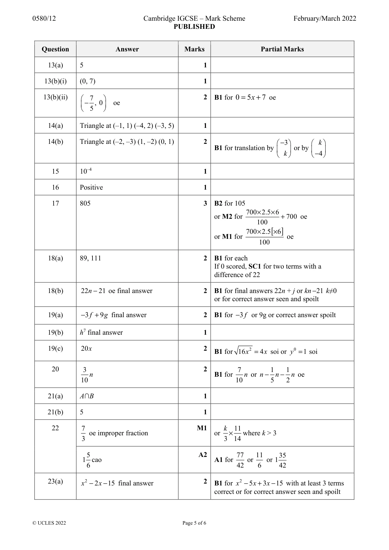 Mark scheme, page 5 of 6