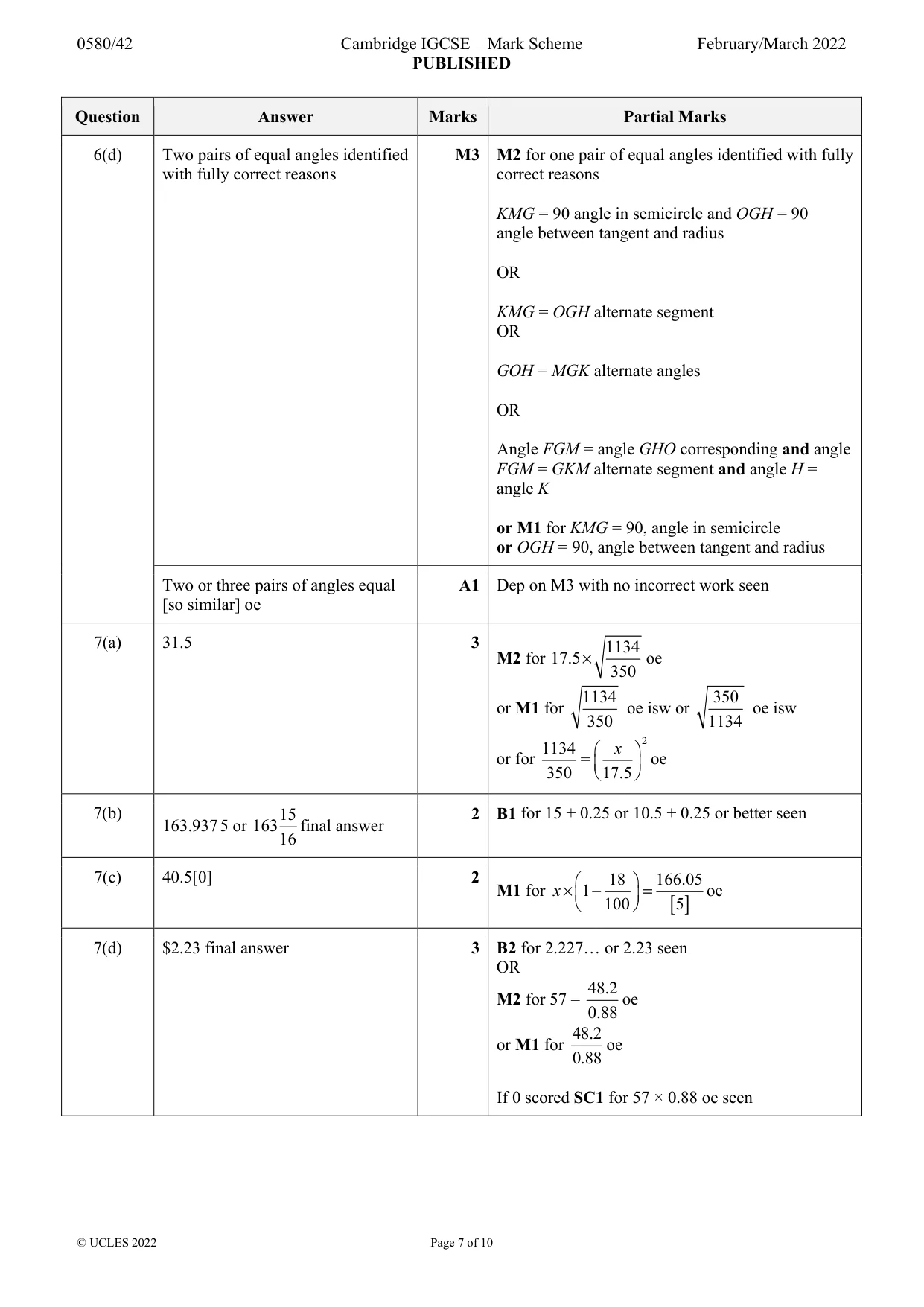 Mark scheme, page 7 of 10