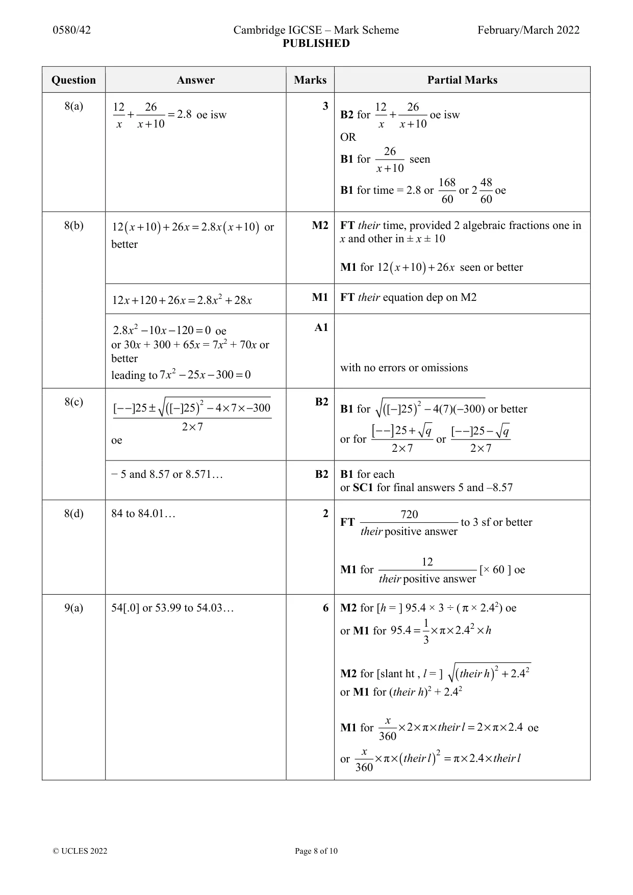 Mark scheme, page 8 of 10