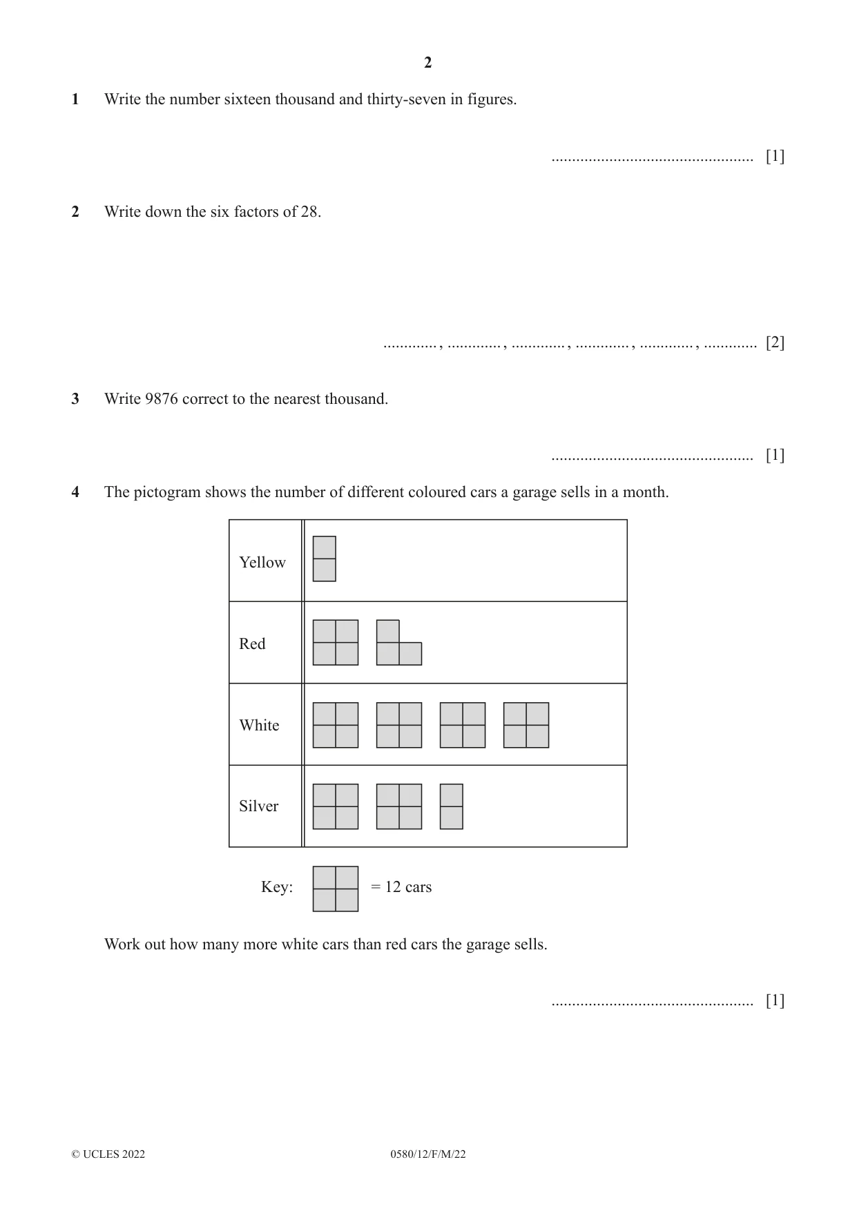 Cambridge IGCSE Mathematics 0580 2022 Feb/March Paper 1 · Variant 2 question paper, page 2 of 12