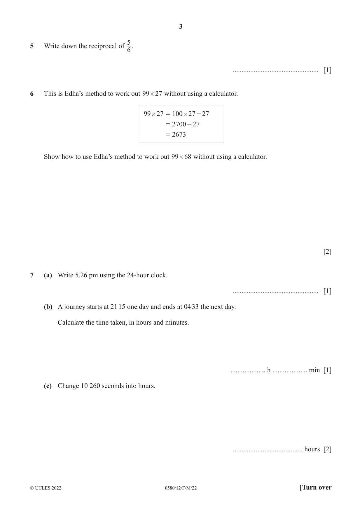 Cambridge IGCSE Mathematics 0580 2022 Feb/March Paper 1 · Variant 2 question paper, page 3 of 12