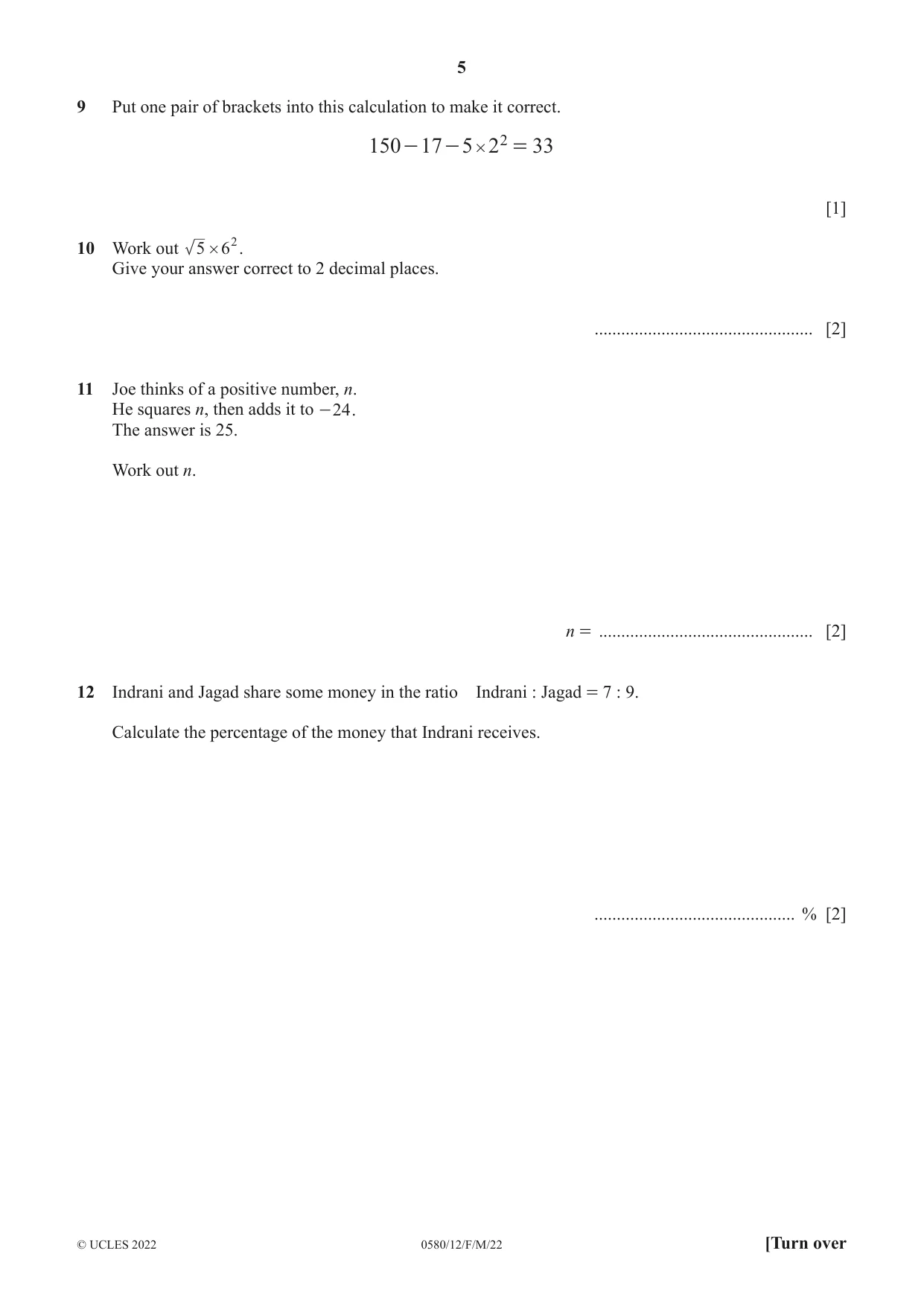 Cambridge IGCSE Mathematics 0580 2022 Feb/March Paper 1 · Variant 2 question paper, page 5 of 12