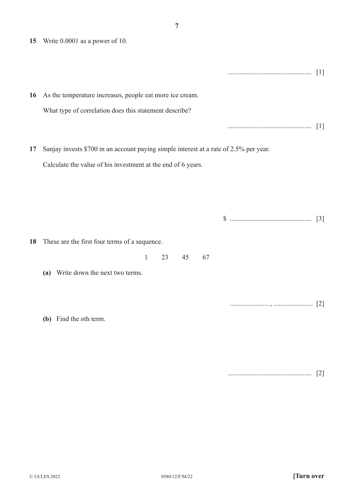 Cambridge IGCSE Mathematics 0580 2022 Feb/March Paper 1 · Variant 2 question paper, page 7 of 12