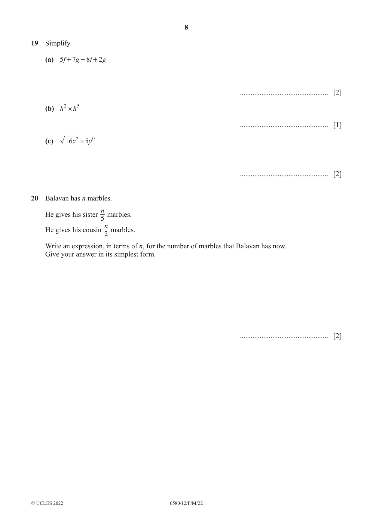 Cambridge IGCSE Mathematics 0580 2022 Feb/March Paper 1 · Variant 2 question paper, page 8 of 12