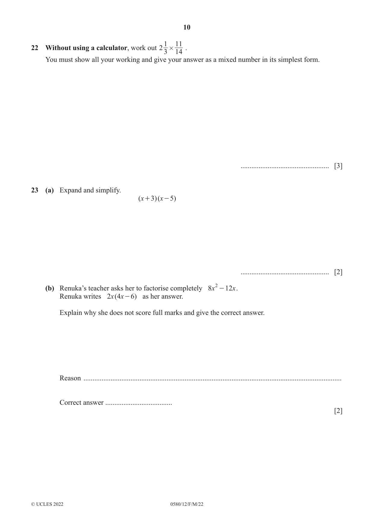 Cambridge IGCSE Mathematics 0580 2022 Feb/March Paper 1 · Variant 2 question paper, page 10 of 12