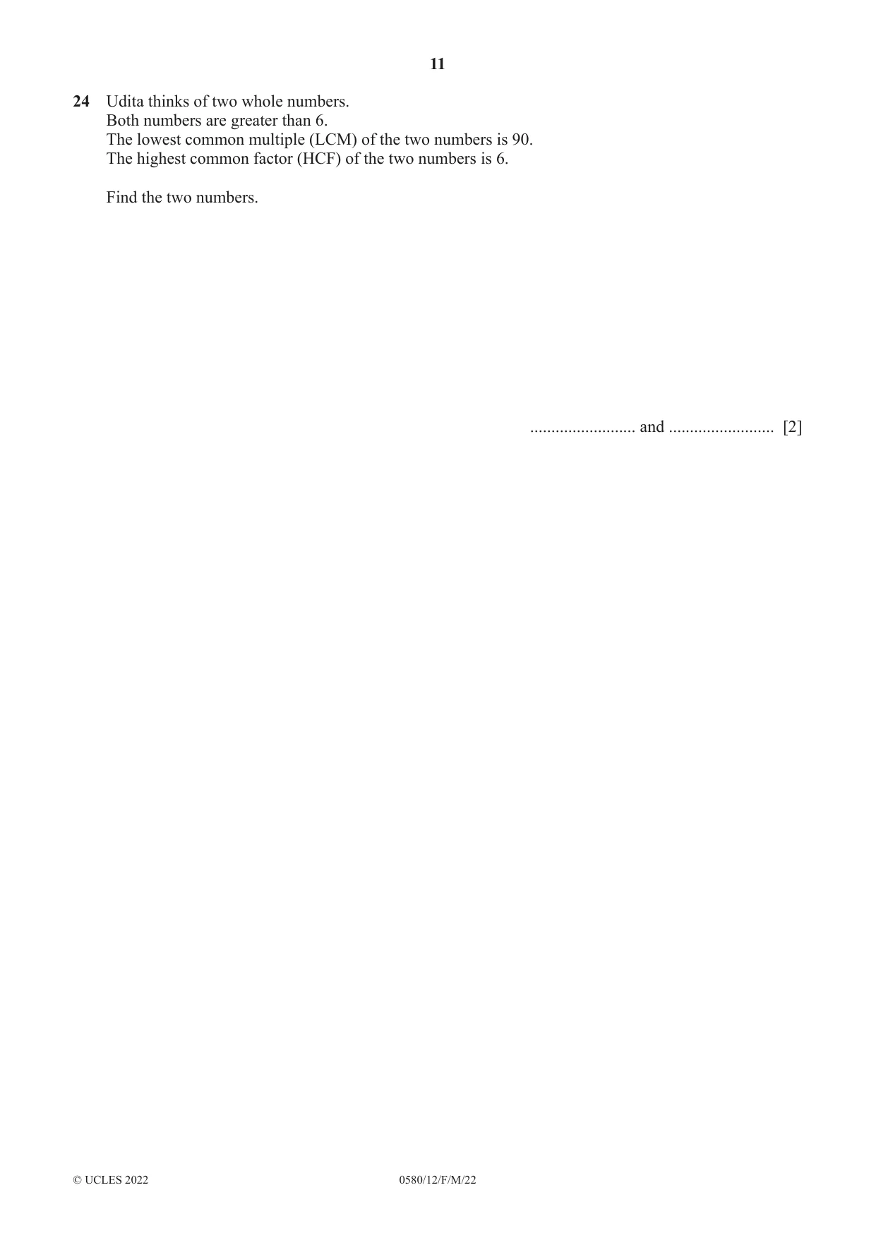 Cambridge IGCSE Mathematics 0580 2022 Feb/March Paper 1 · Variant 2 question paper, page 11 of 12