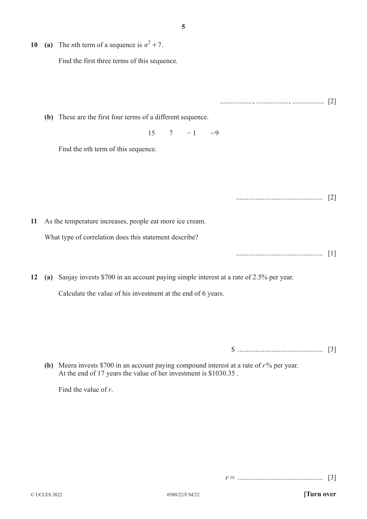 Cambridge IGCSE Mathematics 0580 2022 Feb/March Paper 2 · Variant 2 question paper, page 5 of 12