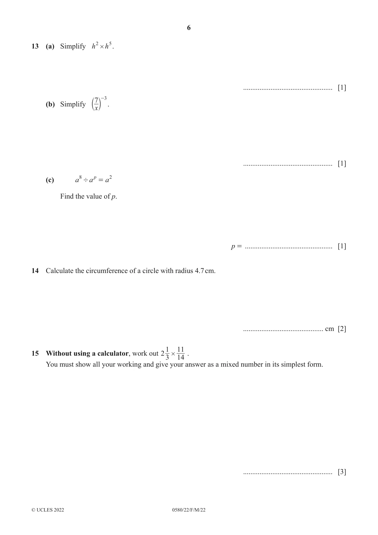 Cambridge IGCSE Mathematics 0580 2022 Feb/March Paper 2 · Variant 2 question paper, page 6 of 12