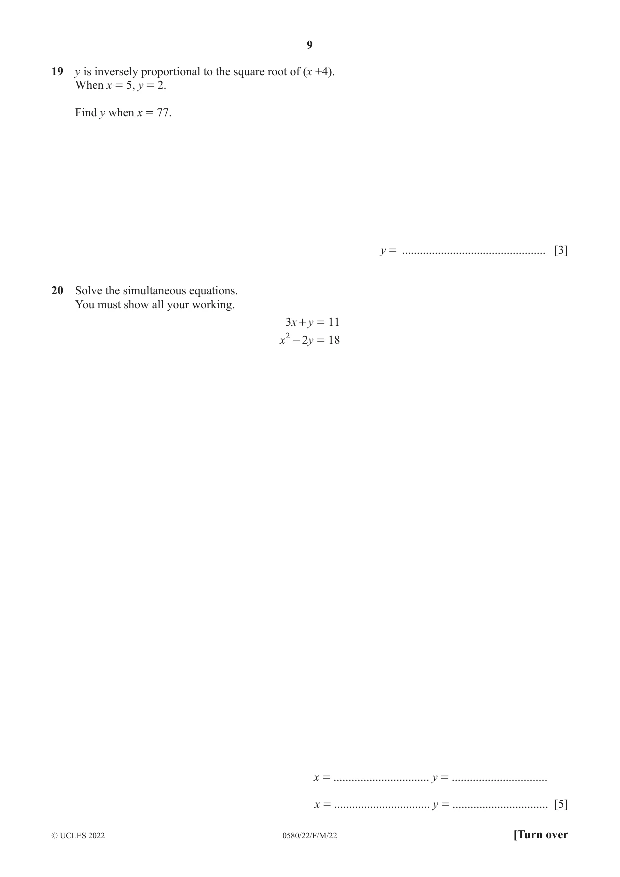 Cambridge IGCSE Mathematics 0580 2022 Feb/March Paper 2 · Variant 2 question paper, page 9 of 12