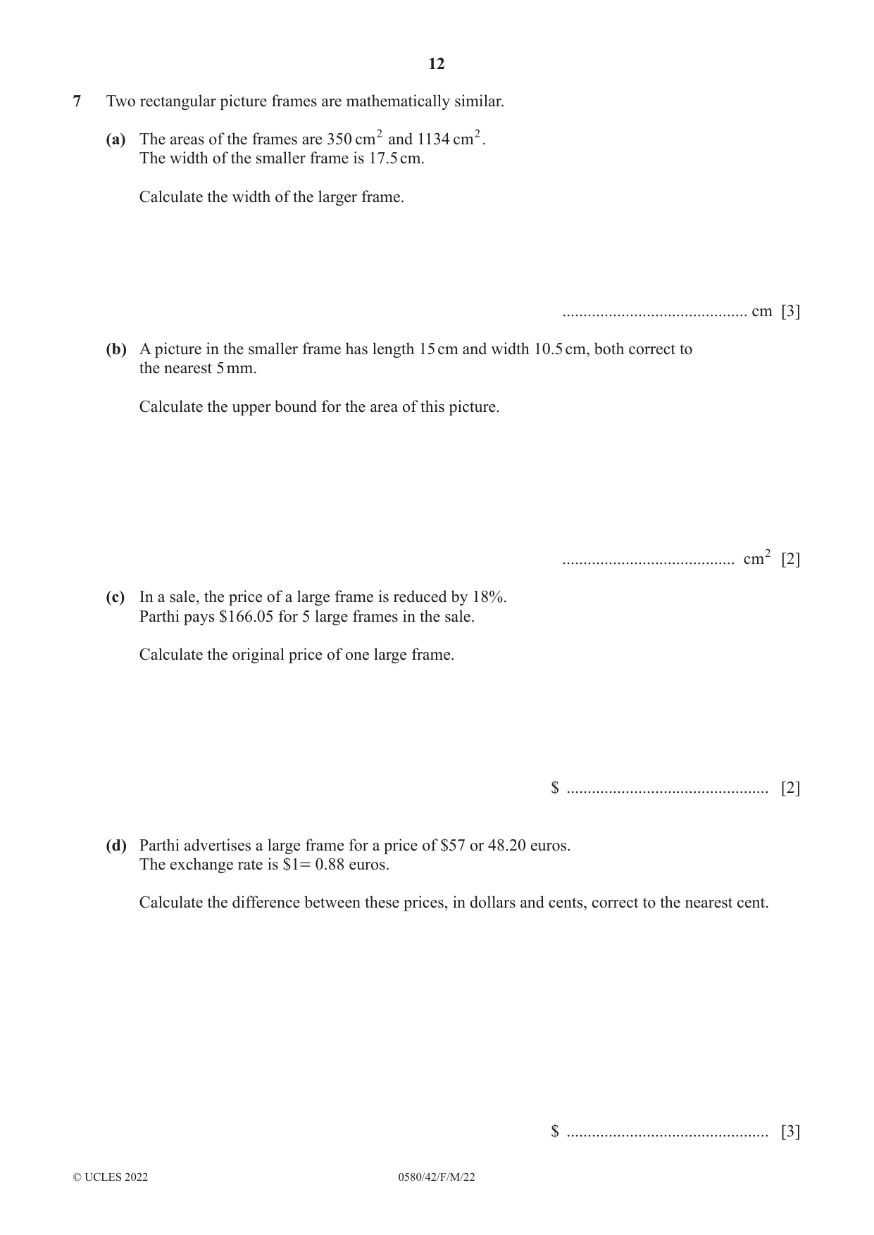 Cambridge IGCSE Mathematics 0580 2022 Feb/March Paper 4 · Variant 2 question paper, page 12 of 20