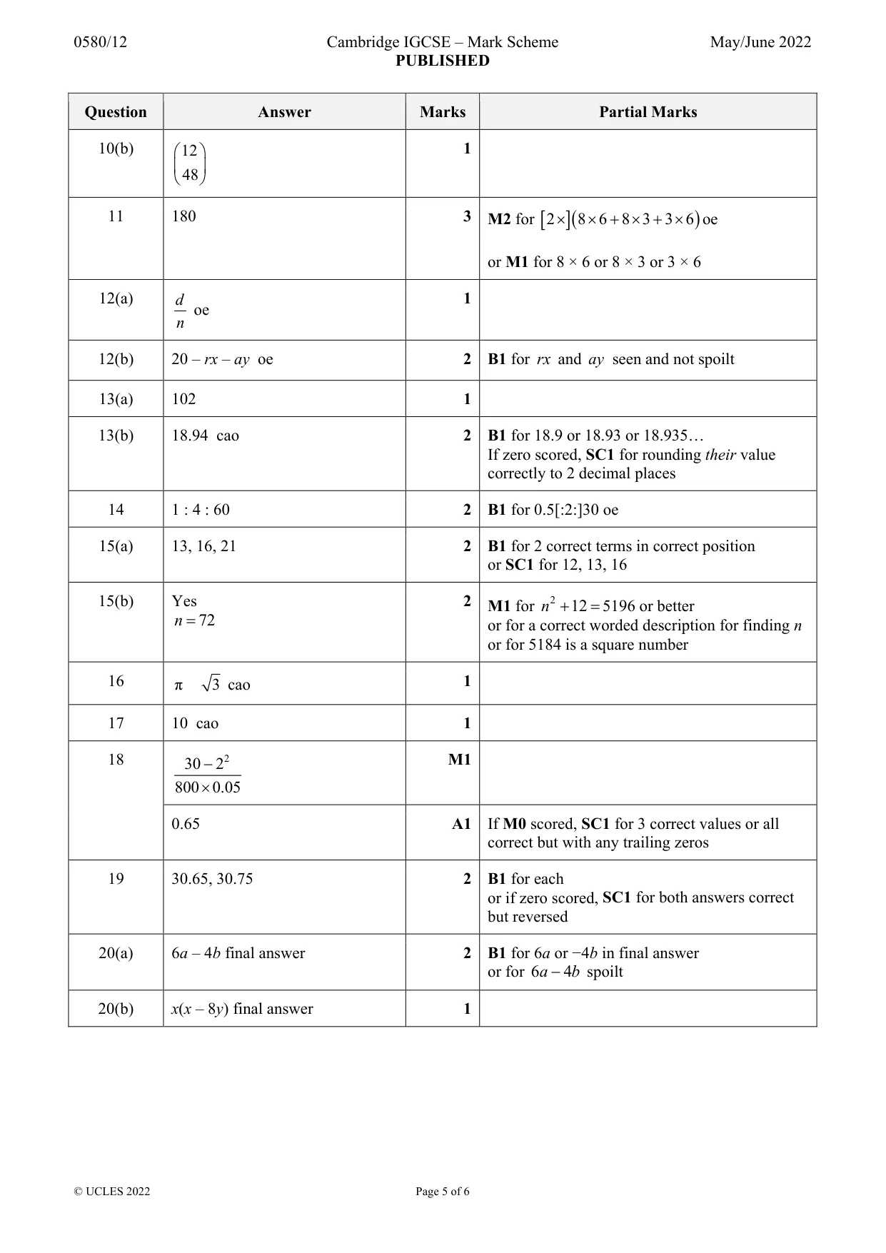 Mark scheme, page 5 of 6
