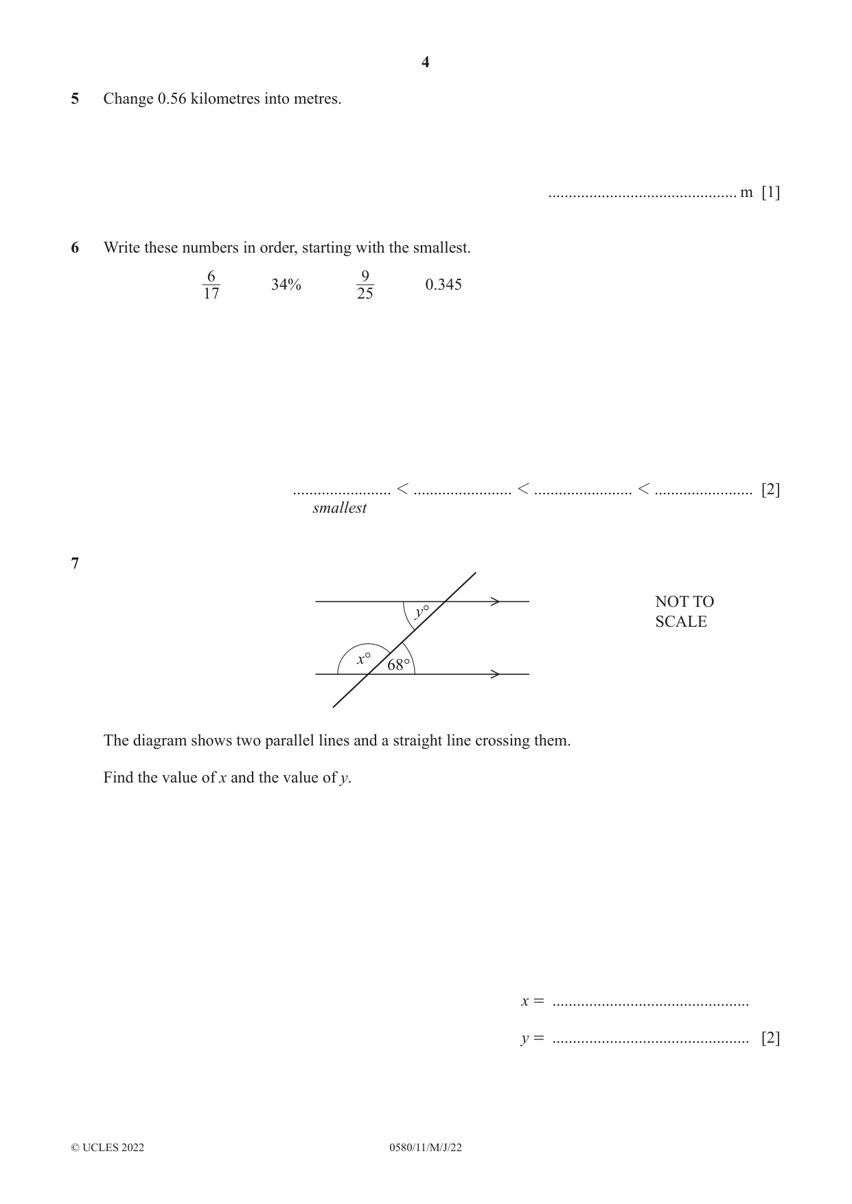 Cambridge IGCSE Mathematics 0580 2022 May/June Paper 1 · Variant 1 question paper, page 4 of 12