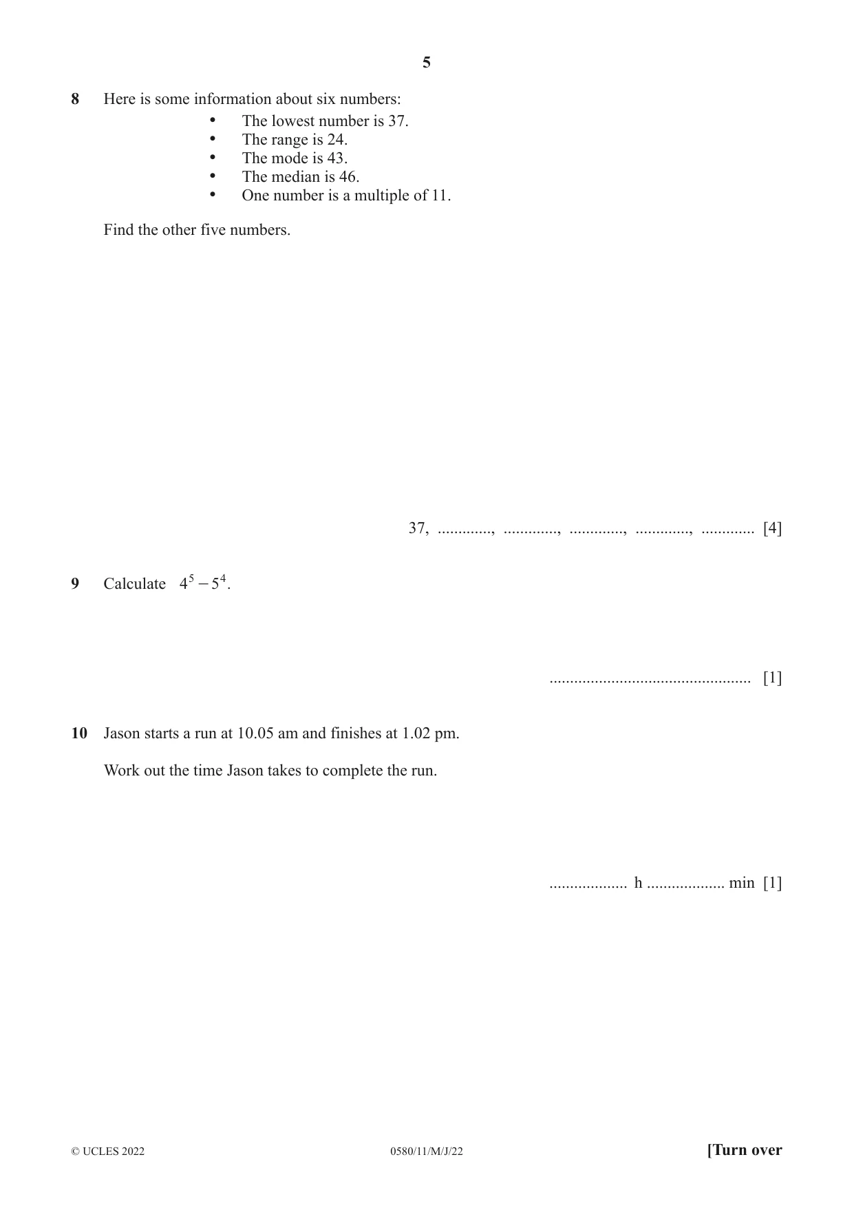 Cambridge IGCSE Mathematics 0580 2022 May/June Paper 1 · Variant 1 question paper, page 5 of 12