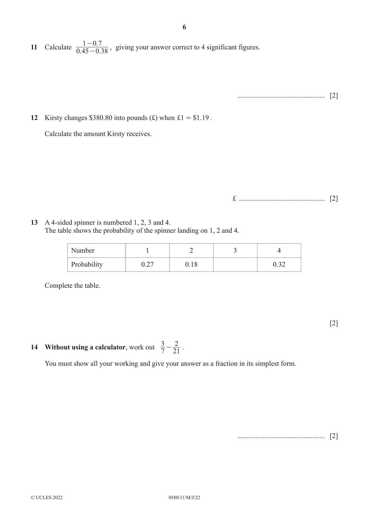 Cambridge IGCSE Mathematics 0580 2022 May/June Paper 1 · Variant 1 question paper, page 6 of 12