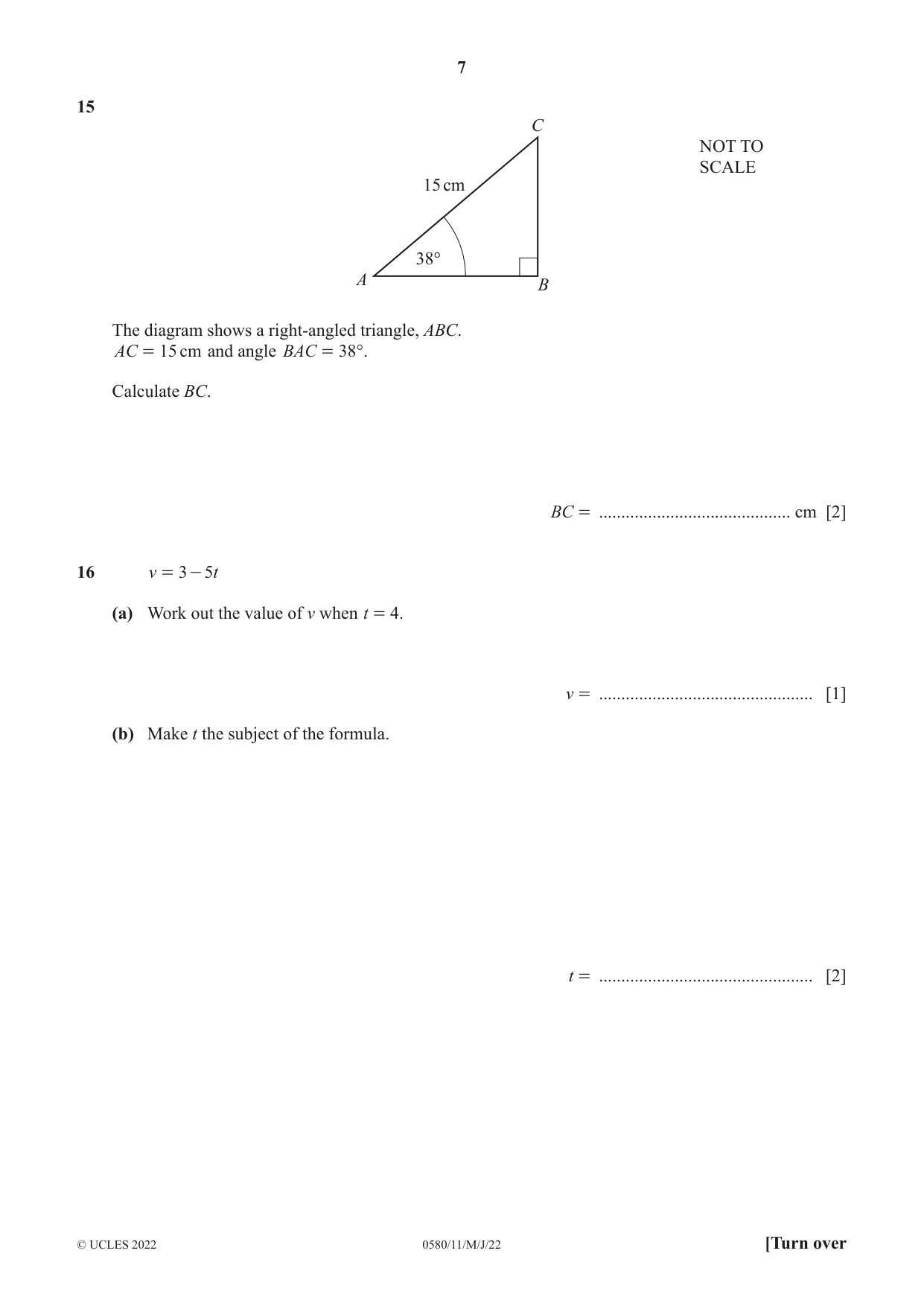 Cambridge IGCSE Mathematics 0580 2022 May/June Paper 1 · Variant 1 question paper, page 7 of 12