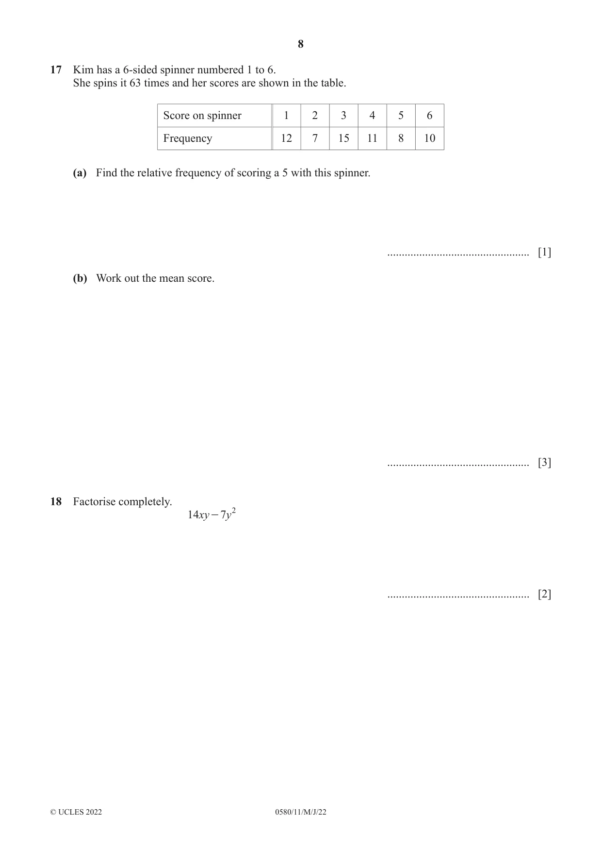 Cambridge IGCSE Mathematics 0580 2022 May/June Paper 1 · Variant 1 question paper, page 8 of 12