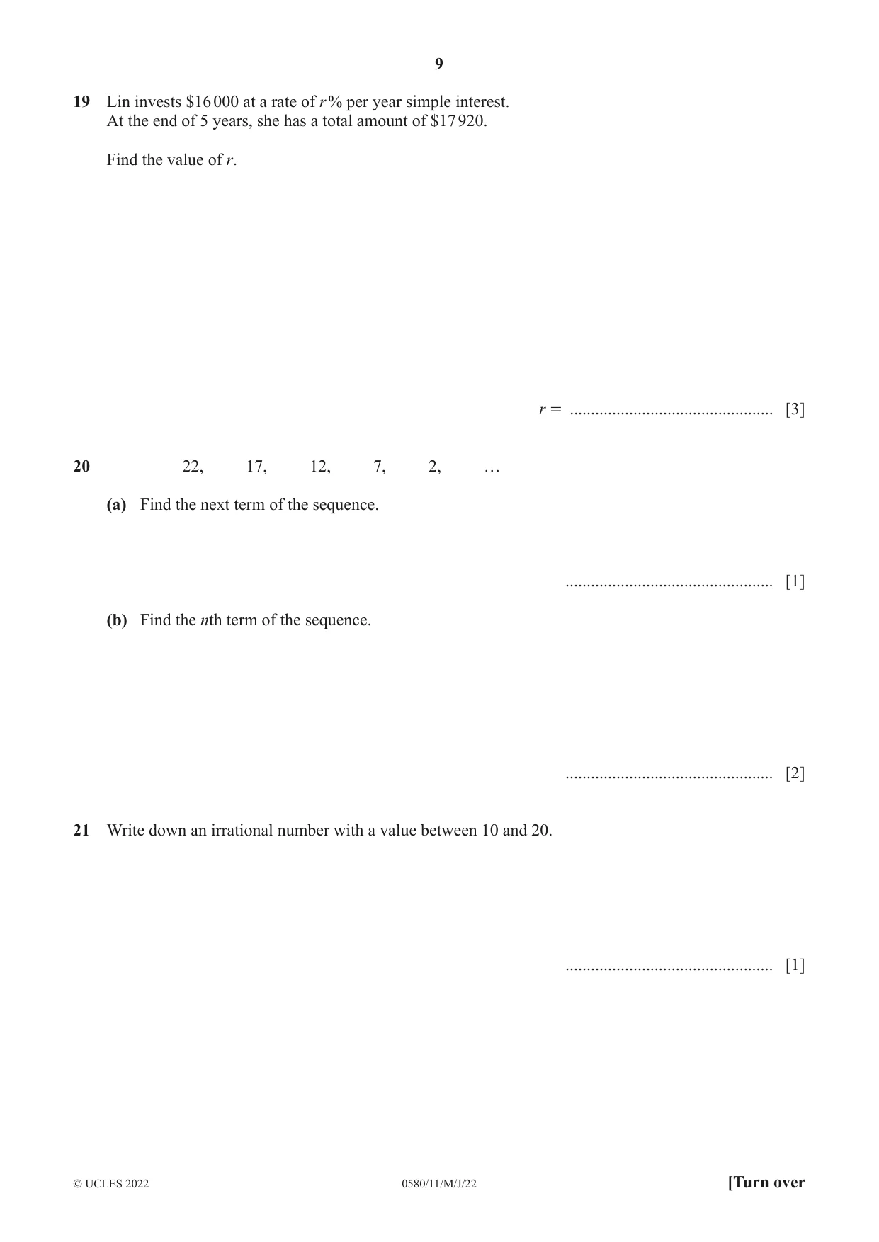 Cambridge IGCSE Mathematics 0580 2022 May/June Paper 1 · Variant 1 question paper, page 9 of 12
