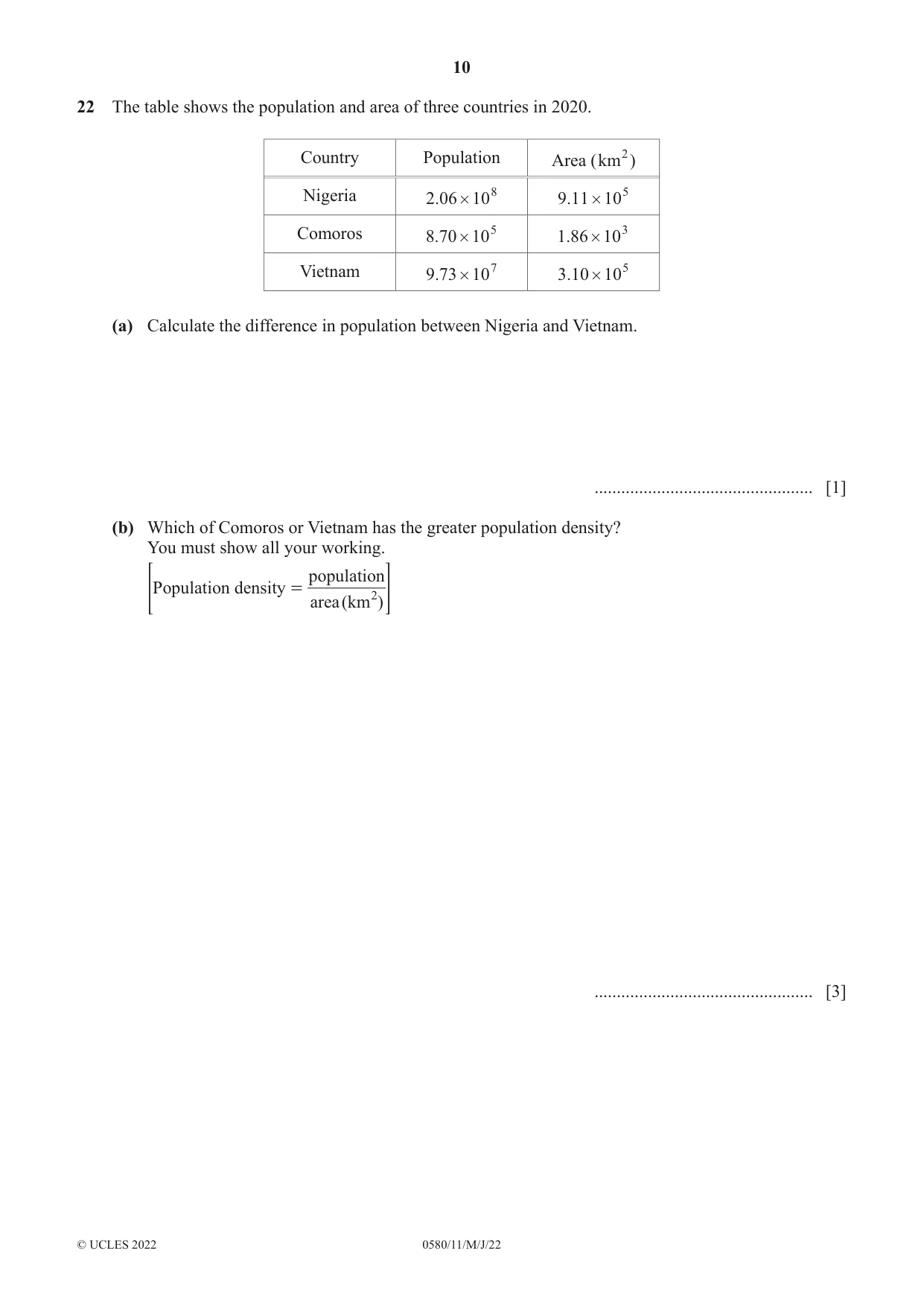 Cambridge IGCSE Mathematics 0580 2022 May/June Paper 1 · Variant 1 question paper, page 10 of 12