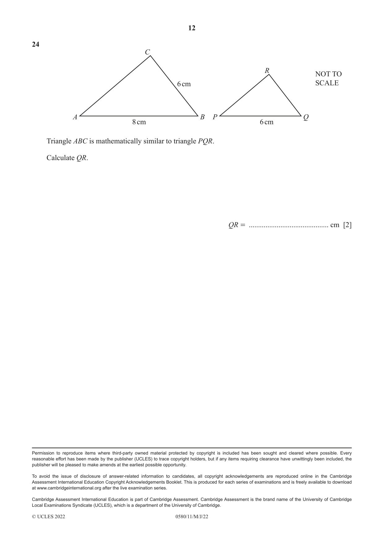 Cambridge IGCSE Mathematics 0580 2022 May/June Paper 1 · Variant 1 question paper, page 12 of 12