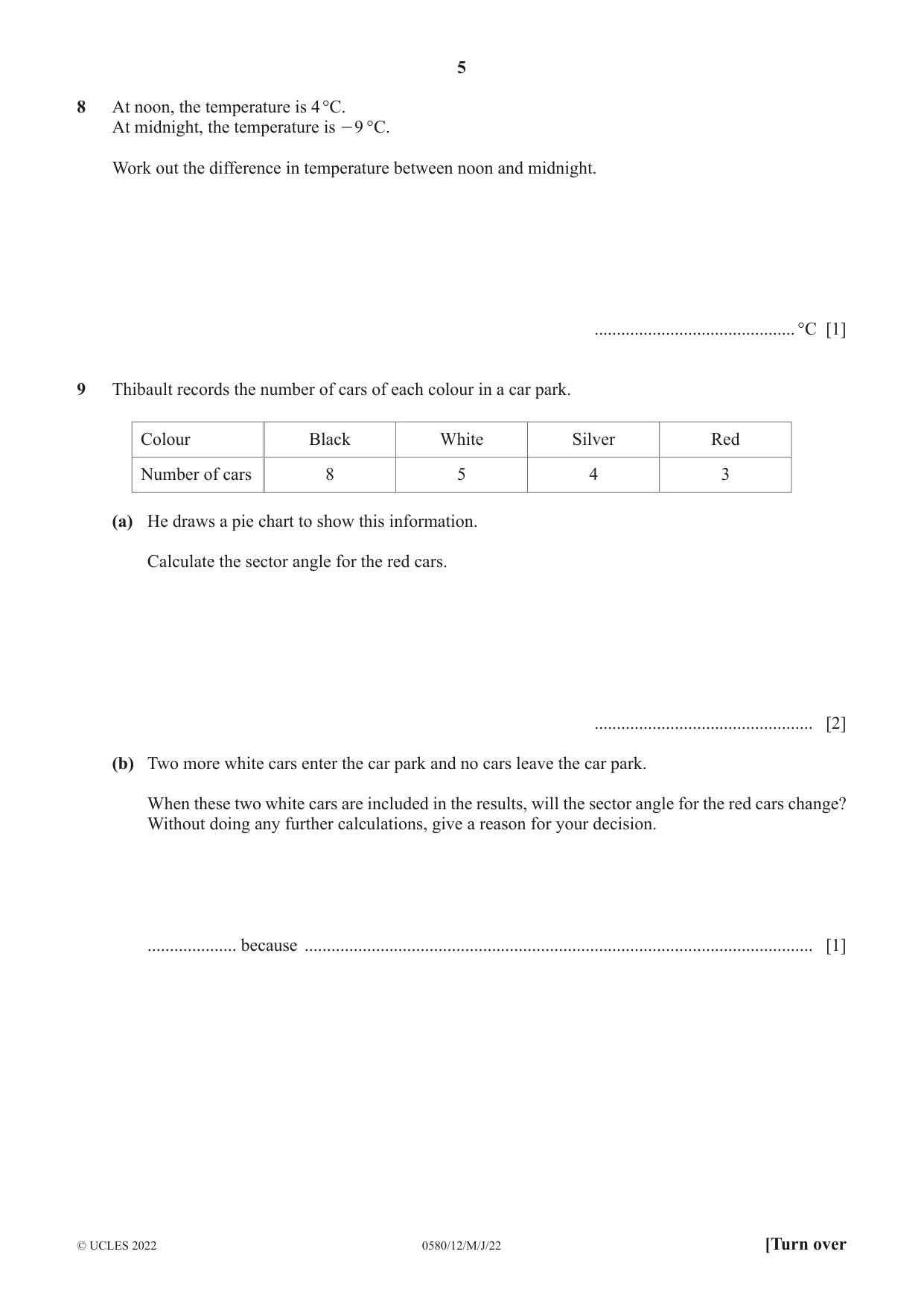 Cambridge IGCSE Mathematics 0580 2022 May/June Paper 1 · Variant 2 question paper, page 5 of 12