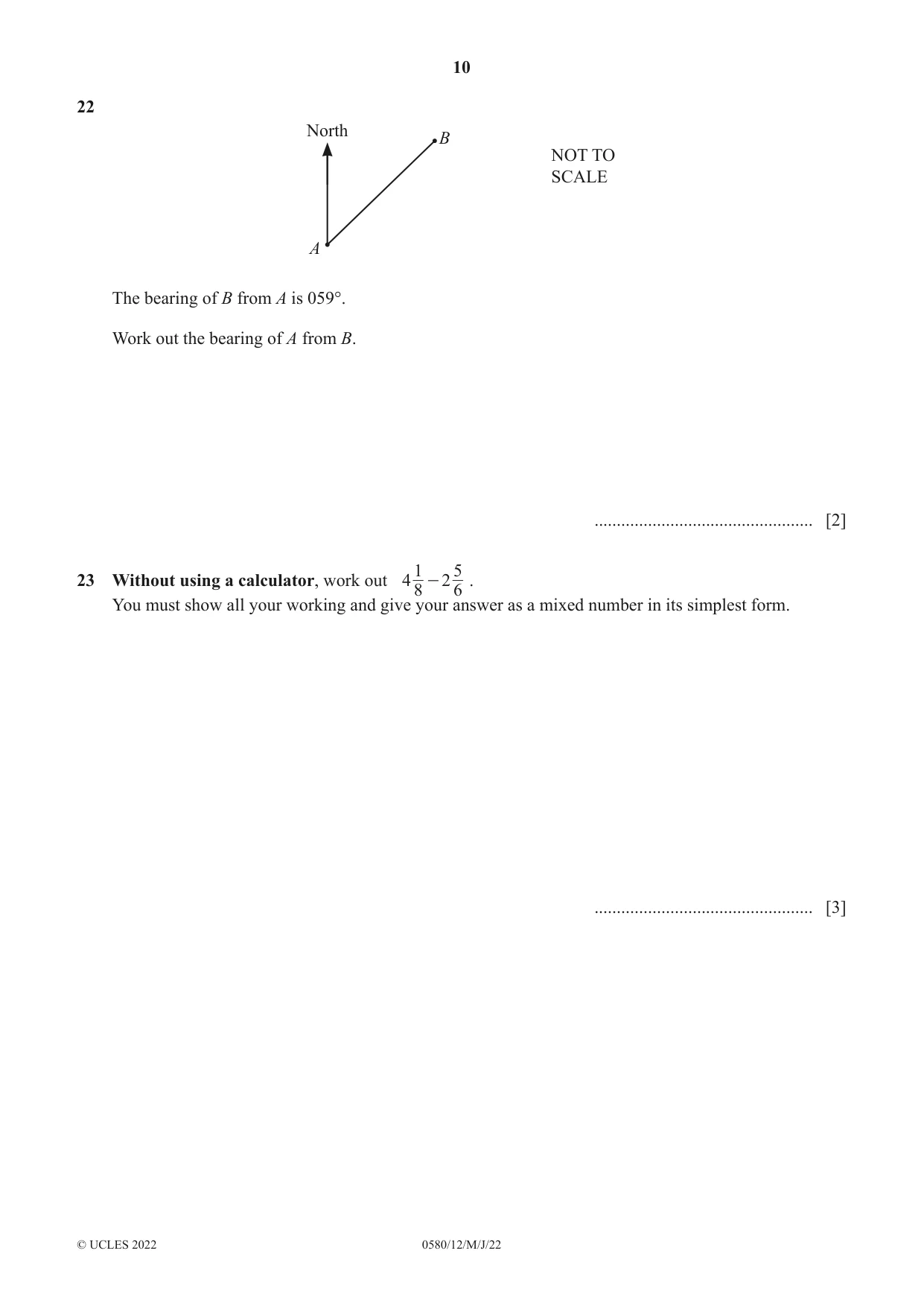 Cambridge IGCSE Mathematics 0580 2022 May/June Paper 1 · Variant 2 question paper, page 10 of 12