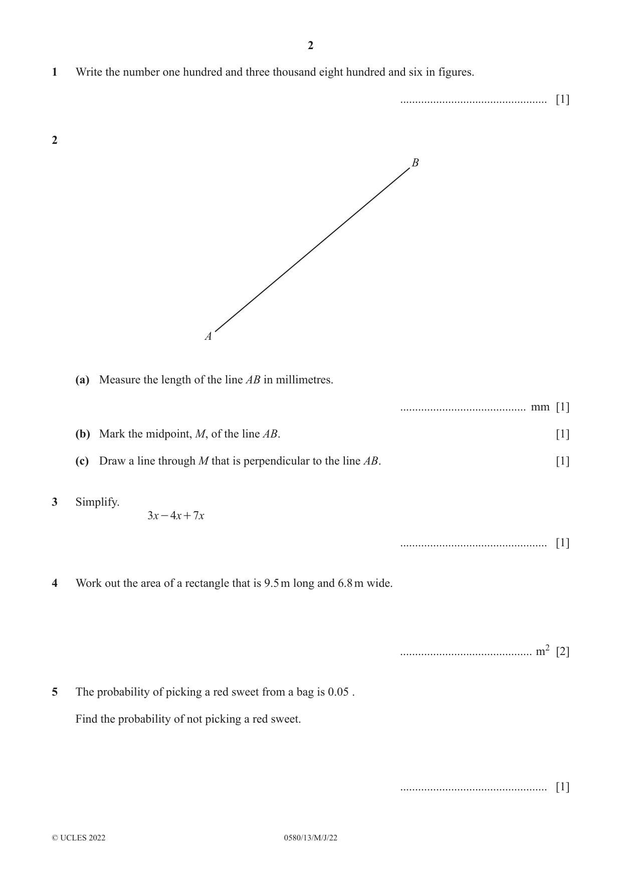 Cambridge IGCSE Mathematics 0580 2022 May/June Paper 1 · Variant 3 question paper, page 2 of 12